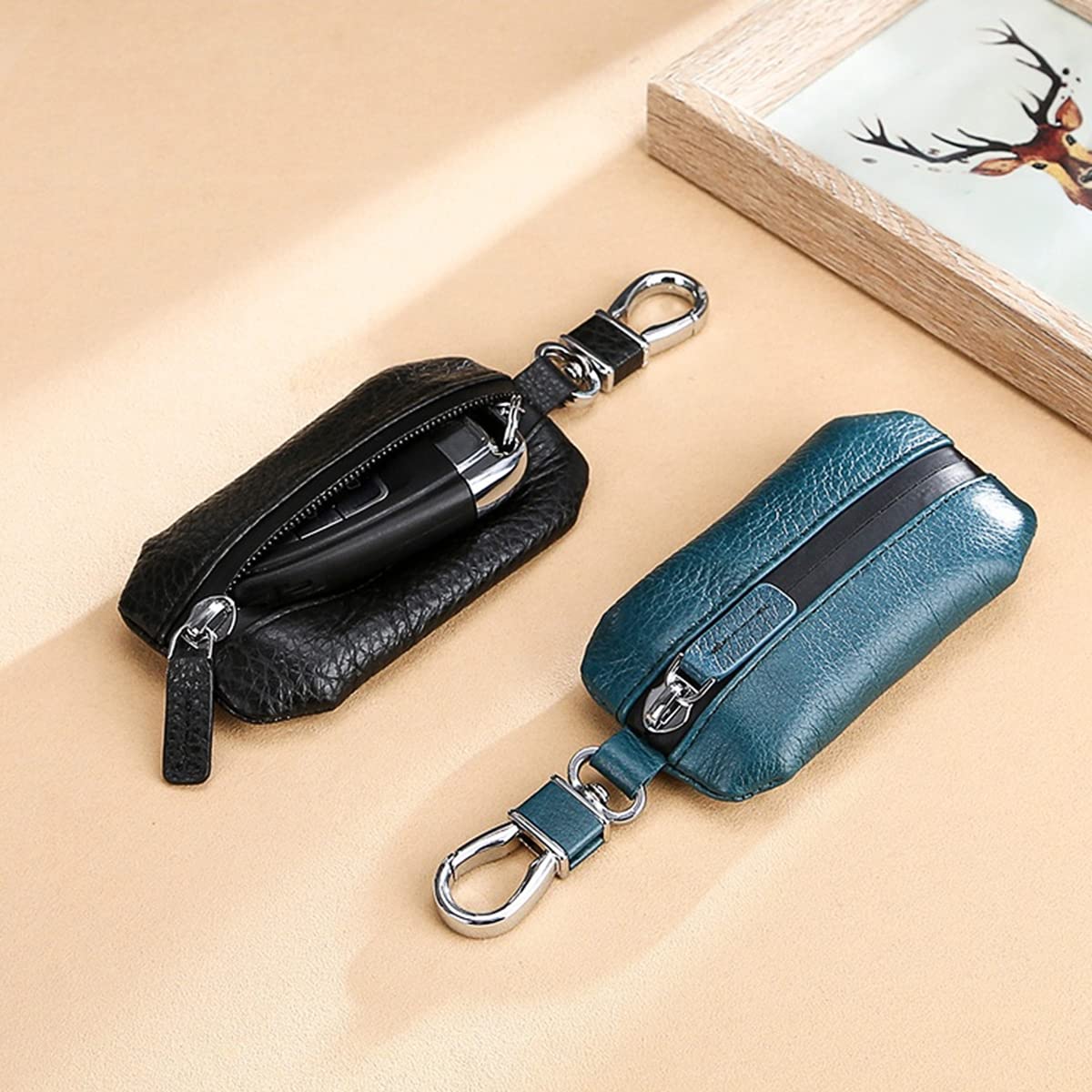 Cuero Estuches de Llave Clave del Coche Portátil Car Key Case Impermeable Cartera Anti-Robo para Hombre Mujer Llave Remota Hogar Llavero Uso Diario Negro