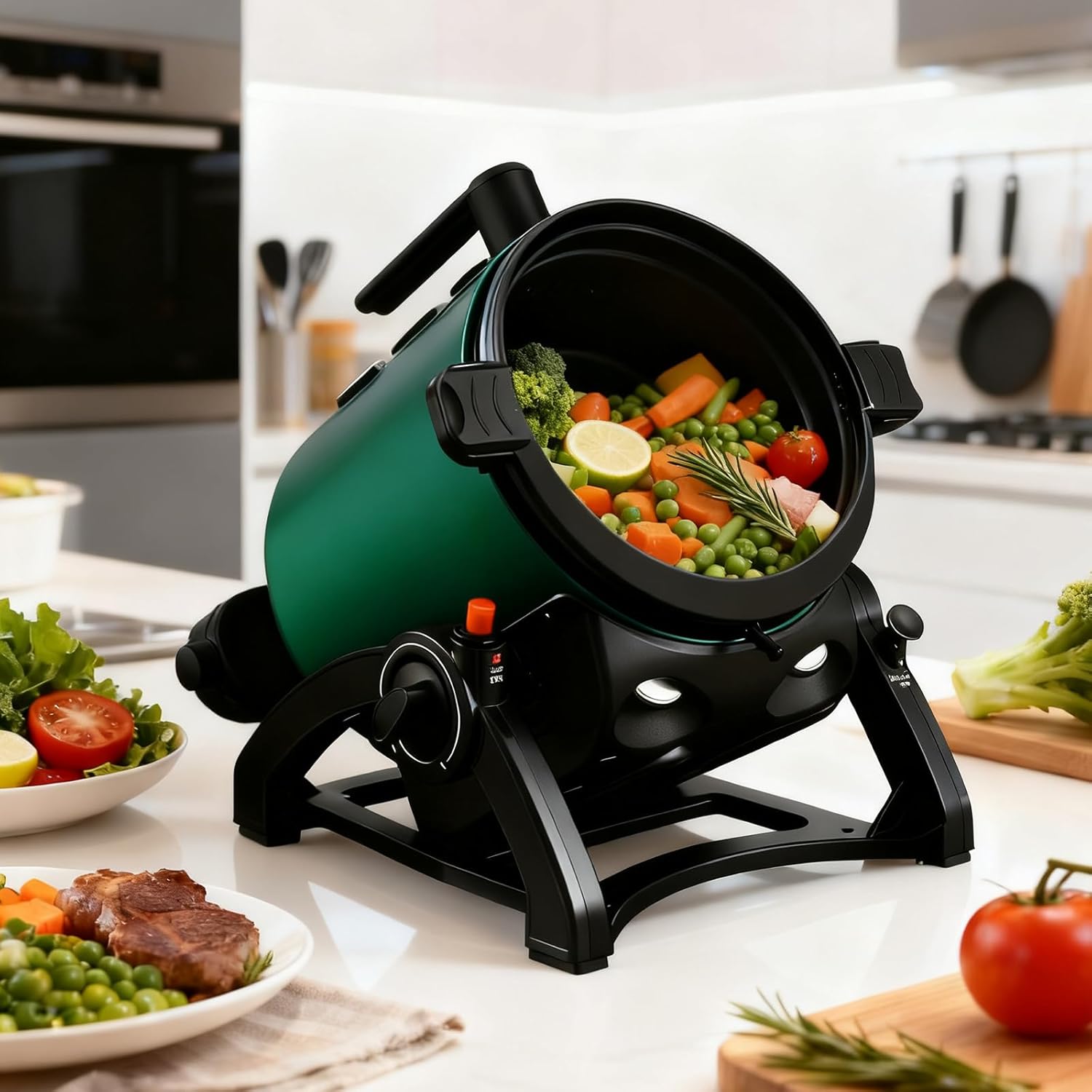 1300W Automatic Stir Fry Machine, 360° 6.5L Rotatable Stir Fry Pot, All-in-one Outdoor Cooking Machine with Converter for Home Outdoor Camping Travel Cooking