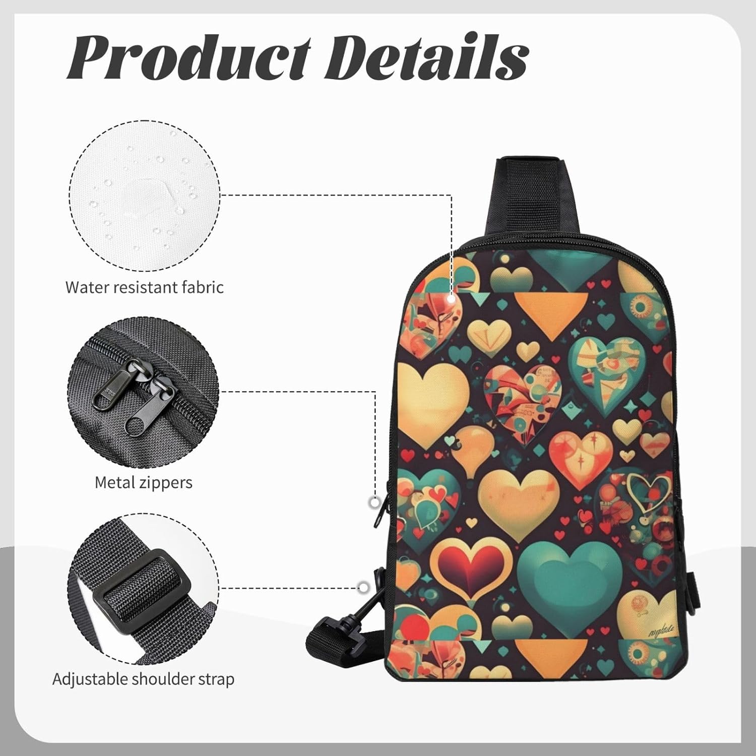 Colorful Hearts Adjustable Strap Large Capacity Double Layer Crossbody Chest Bag 7.7x2.4x11.8in For Camping Travel Daily Leisure Activities
