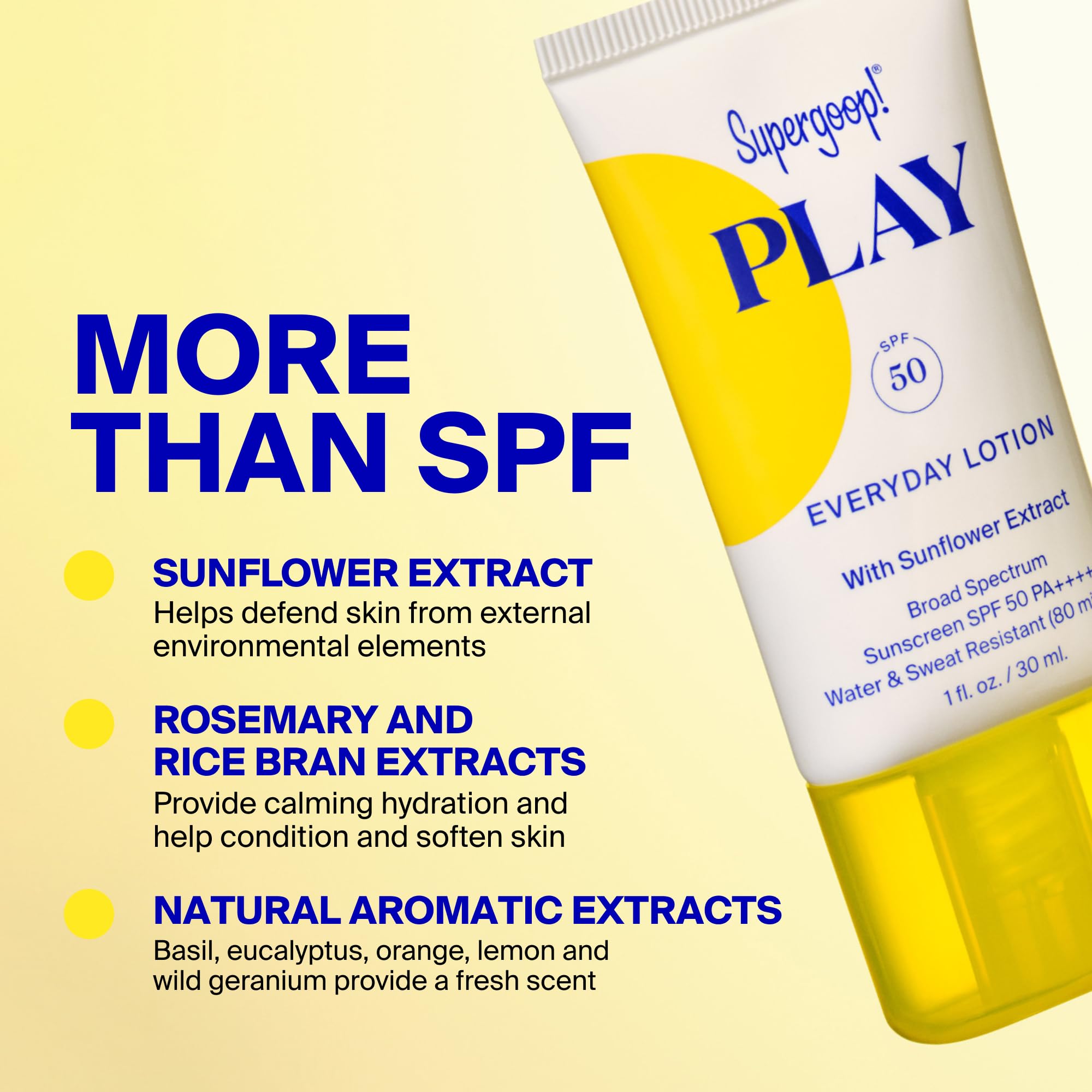 Supergoop ! PLAY Everyday Lotion SPF 50, 2,4 oz – Crème solaire à large spectre sans danger pour les récifs pour peaux sensibles – Crème solaire pour le corps et le visage résistante à l'eau et à la