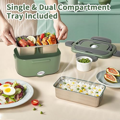 Miniatura 8 de Lonchera eléctrica con calefacción para adultos con 2 contenedores de 1.5 L, portátil de 100 W, 3 en 1, lonchera térmica rápida para hombres,