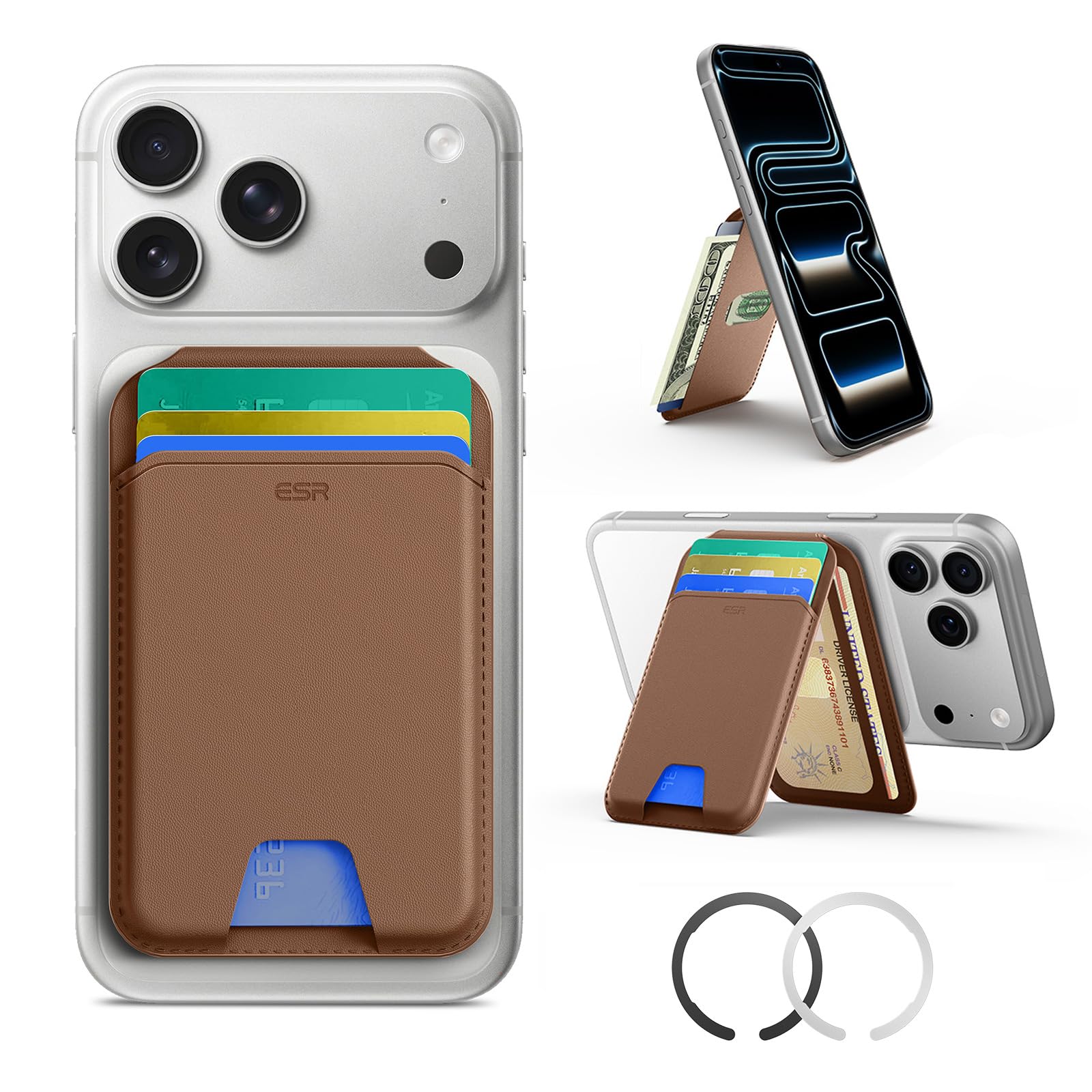 ESR for MagSafe Wallet, Phone Wallet with Adjustable Stand for iPhone 17/16/15/14/13/12 Series, Google Pixel 10,Not for iPhone 13/12 Mini, 5 Card Holder, Vegan Leather,Brown