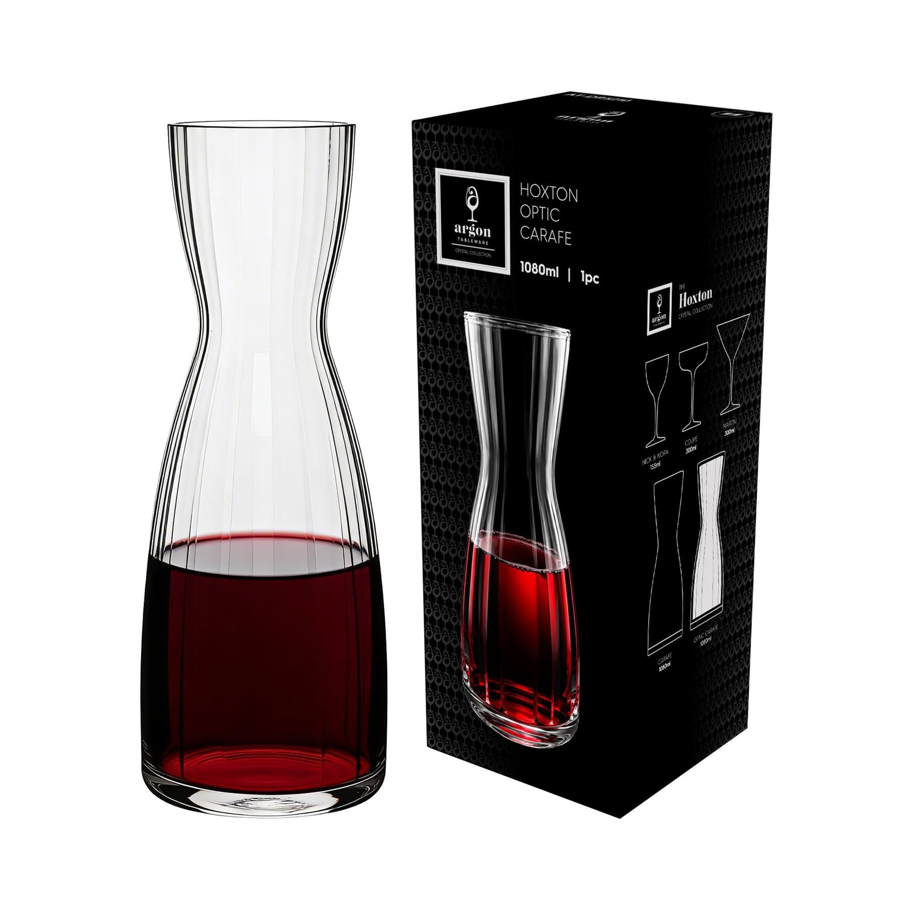 Argon Tableware Hoxton Optic Crystal Carafe 1.1L - Cut Glass Water & Wine Decanters, Art Deco Ribbed Glass Serving Carafe for Juice, Cocktails & Table Service