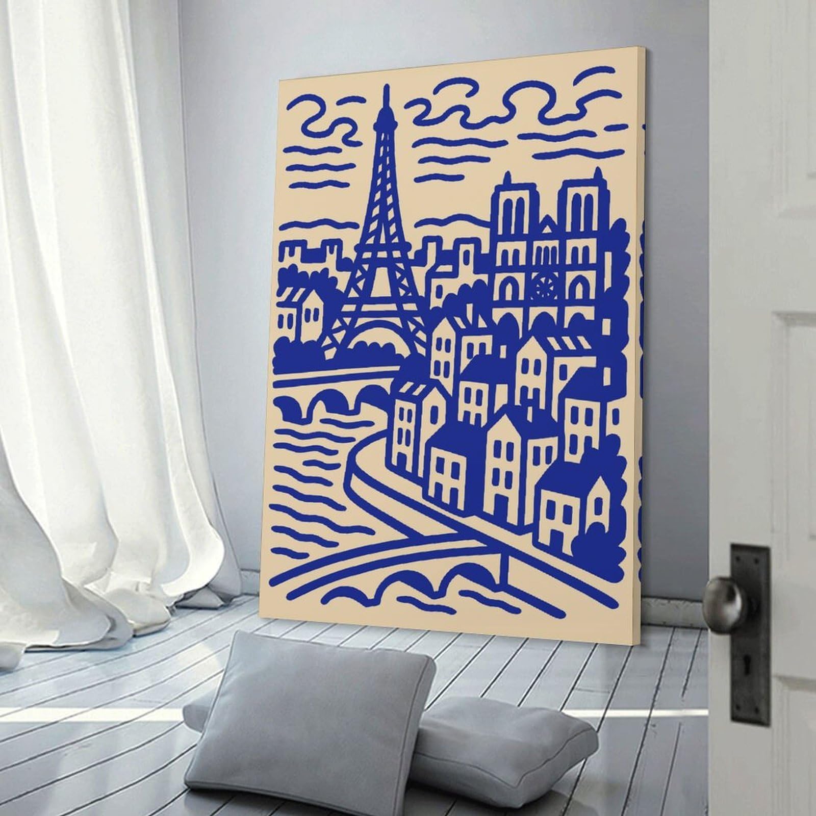 Junmoney Paris Cityscape Illustration in Blue Canvas Art Print 08x12inch(20x30cm), for Gallery Wall Layouts in Home Or Office, Decorative Artwork with Flexible Styling