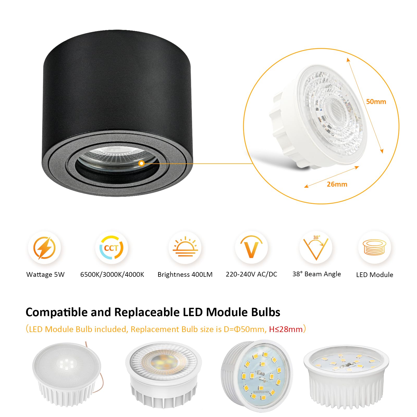 Faretto da Soffitto LED Nero IP44, Faretto LED Interno Dimmerabile 3CCT 5W 230V 3000K/ 4000K/ 6500K, Faretti da soffitto Impermeabile Moderna Alluminio Ø80x60mm per Modulo LED, Set di 4