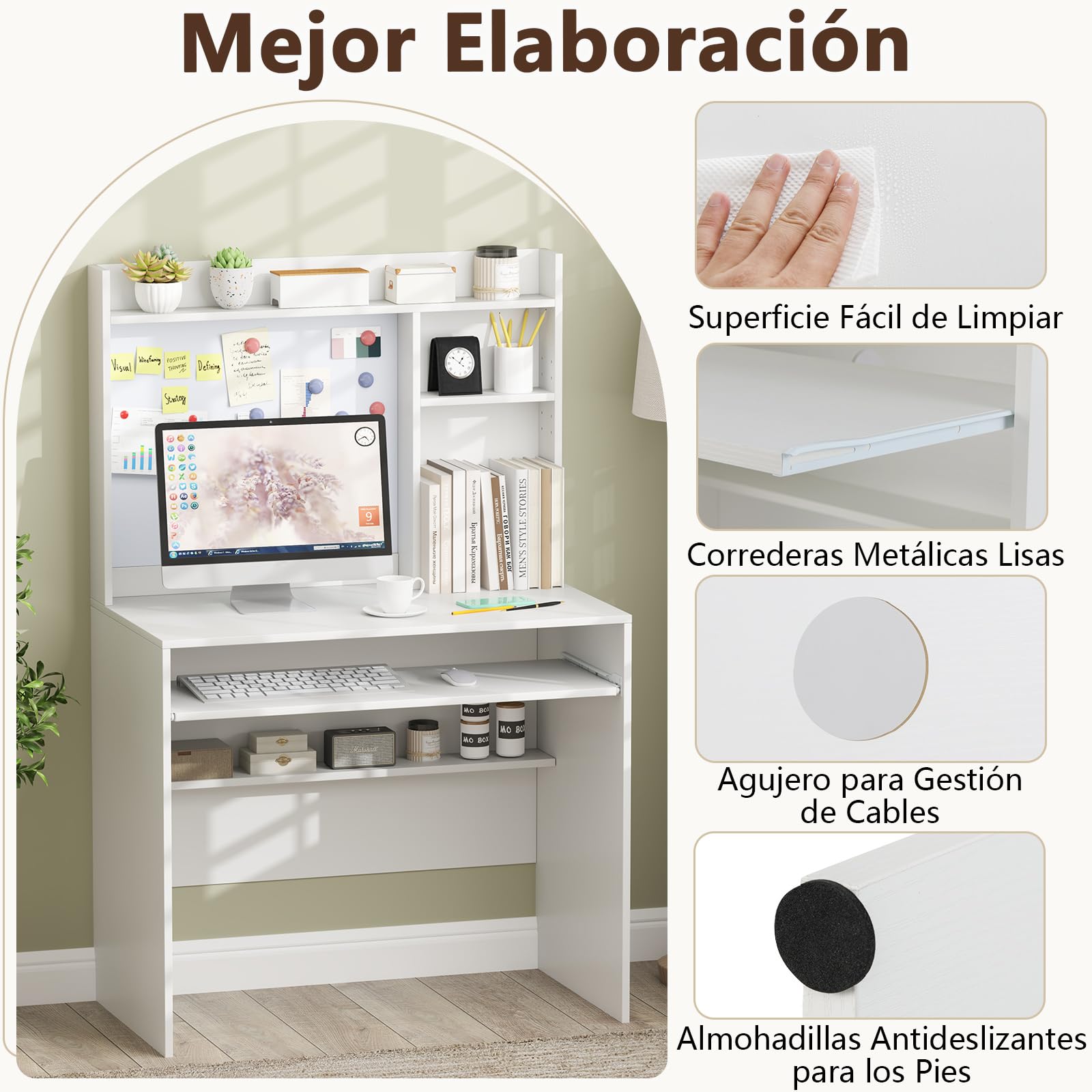 COSTWAY Escritorio con Tablero Magnético, Mesa Escritorio Blanca con Estantes Ajustables, Bandeja para Teclado, Escritorio Juvenil 89 x 50 x 138 cm (Blanco)