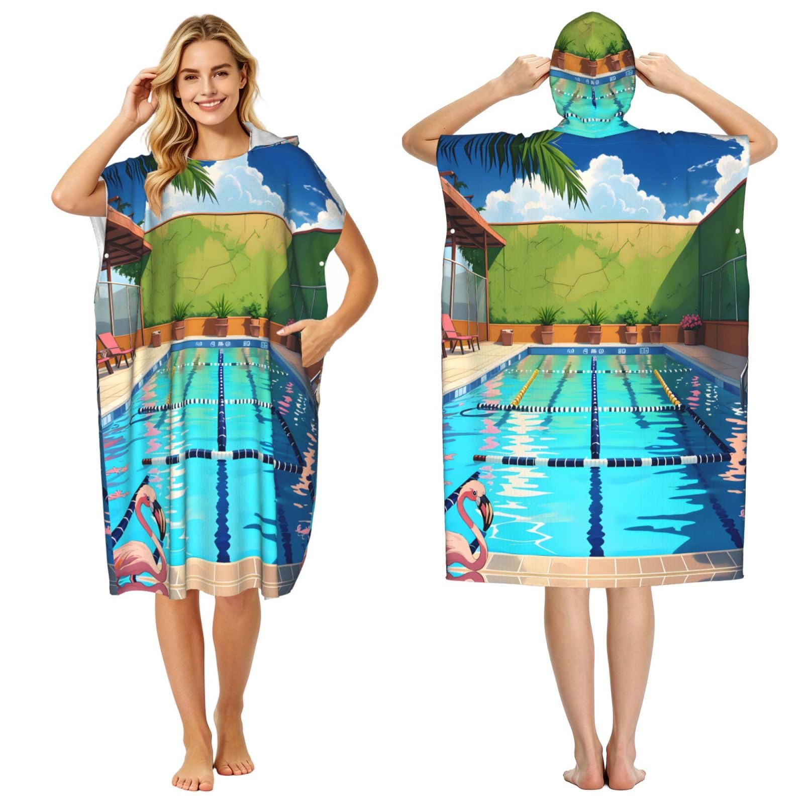Zaixiansj 110cm Flamingo and swimming pool Print Adult Changing Robe Hooded Towel Poncho Surf Swim Beach Cover Up with Pockets