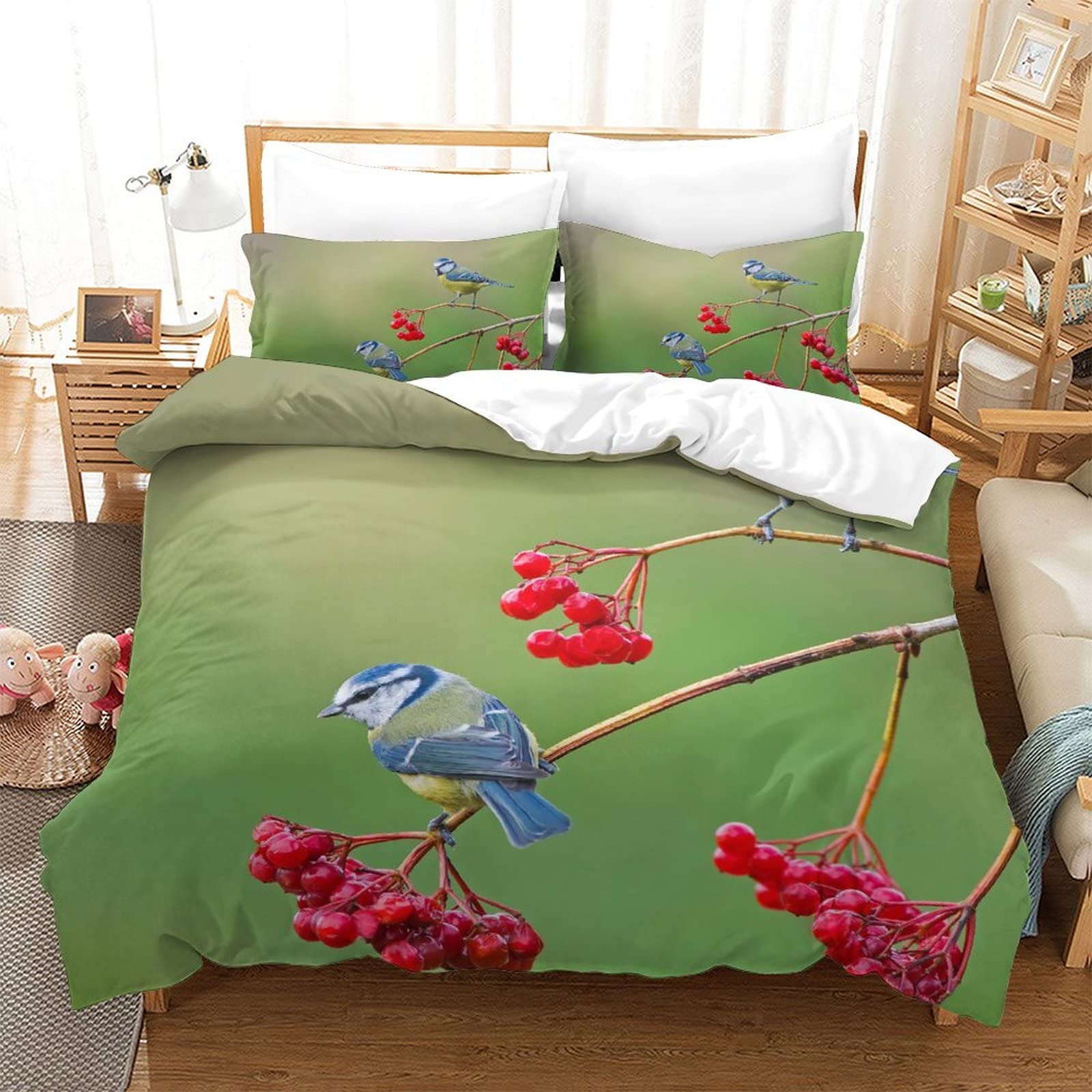 Housse de Couette Mésange Animale 220x240cm avec 2 Taies d'Oreiller