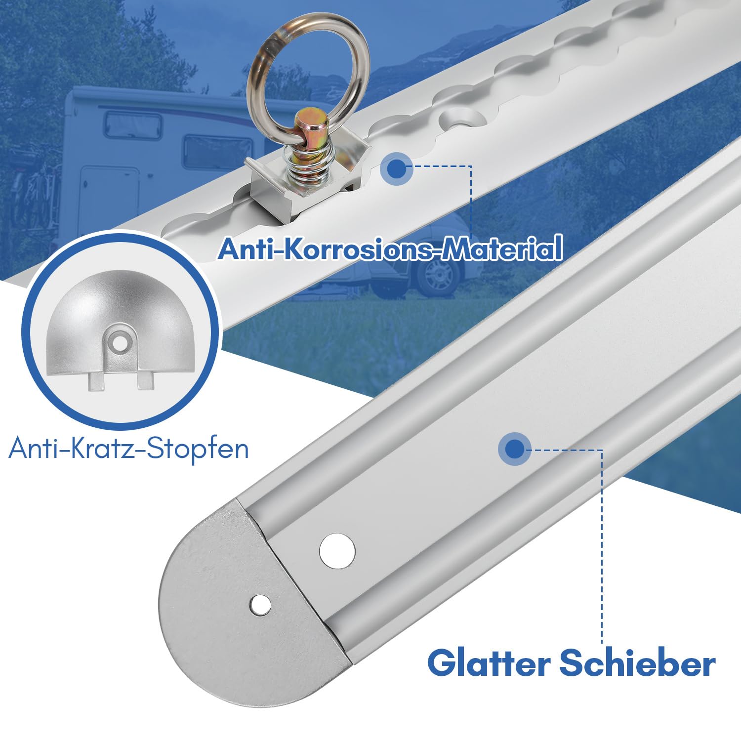 4 x 1 m de rail d'arrimage, forme demi-circulaire en aluminium, rail d'arrimage éloxé avec trous, rail d'arrimage avec 10 œillets et 8 embouts, système de fixation de charge pour camions et