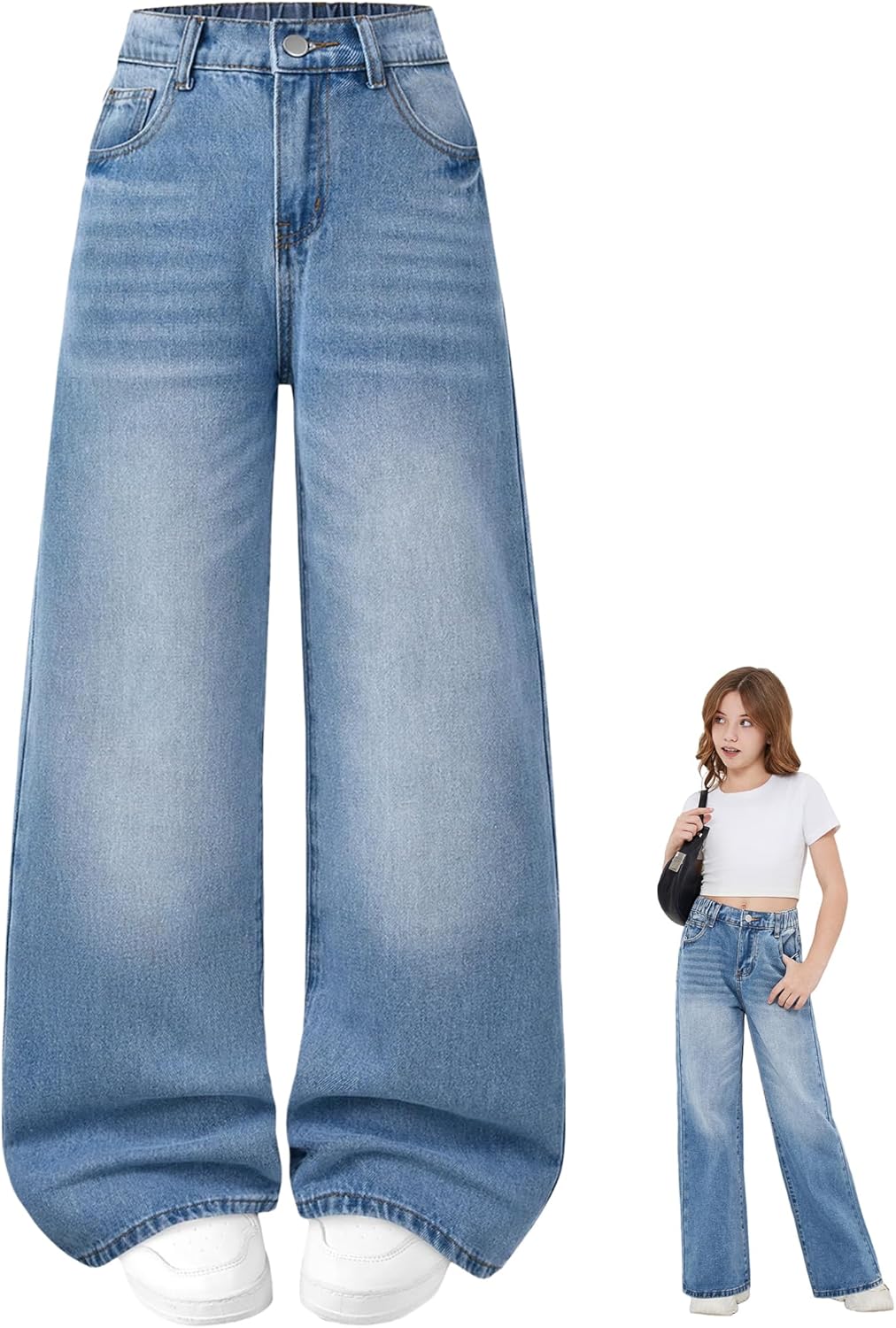 Jeans for Girls Baggy Wide Leg Elastic High Waisted Washed Denim Pants Cute Y2K Trendy Boyfriend Streetwear 7-14Y