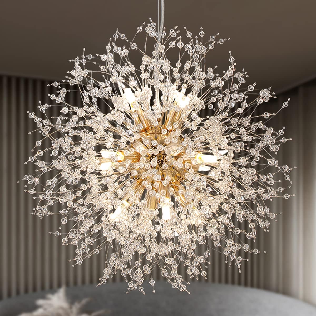 Isamacc Firework Gold Crystal Chandelier, 9-Light Dandelion Chandelier Lighting for Dining Room, 19.6" Modern Starburst Pendant Light for Bedroom Kitchen Island Gold - Dia19.6in