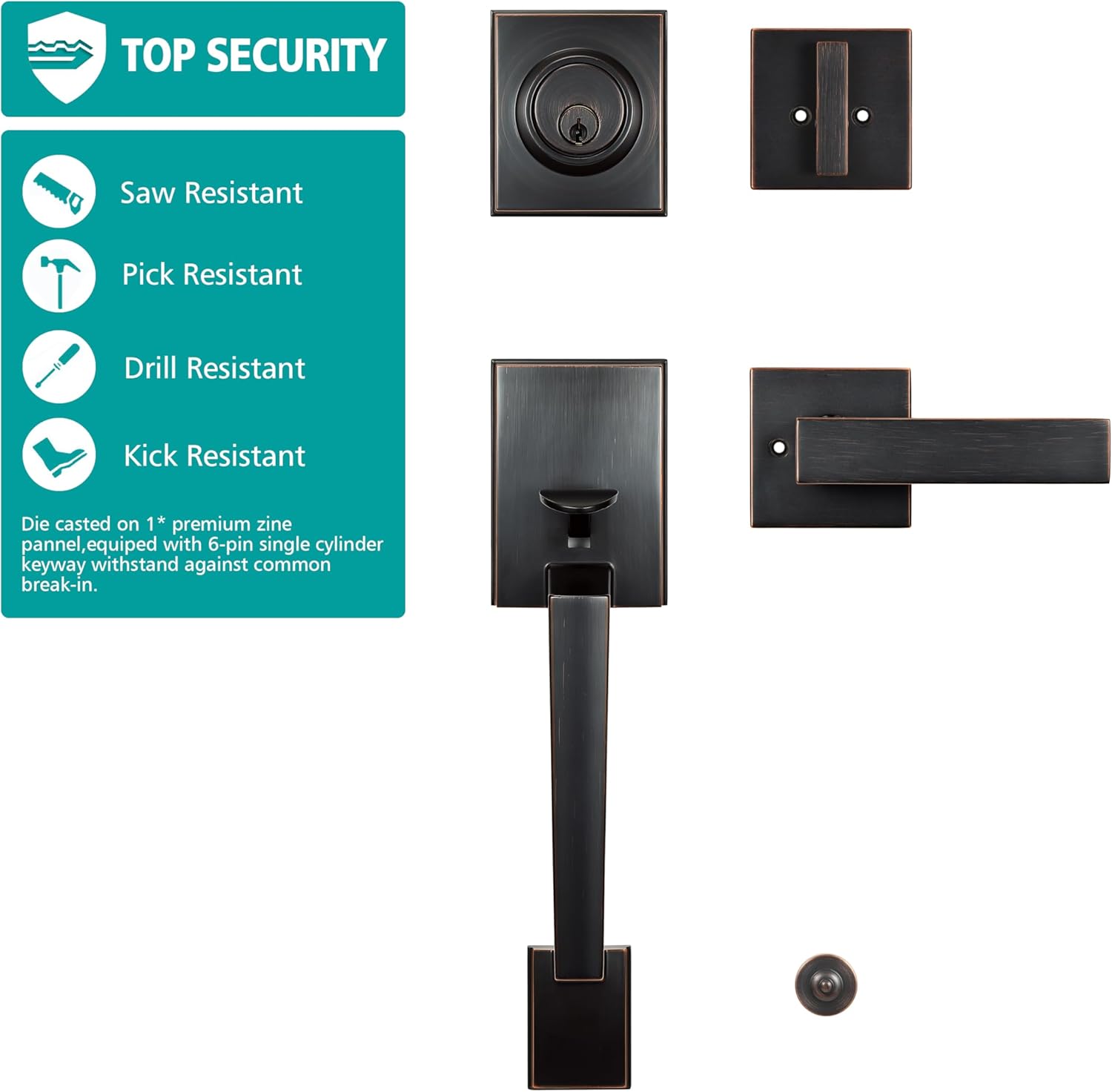 TOGU HS14D-L01 Heavy Duty Single Cylinder HandleSet Front Door Lock with Lever Door Handle,Solid Entry Door Lockset Leverset for Home Exterior Doors, Easy Installation, Oil Rubbed Bronze Finish