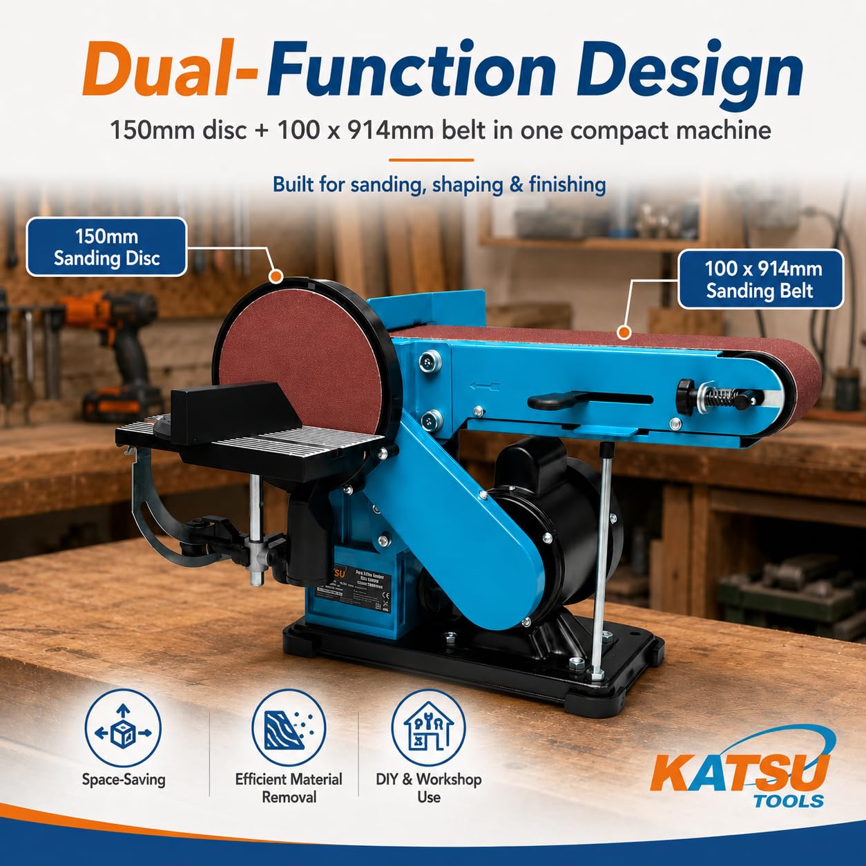 KATSU Tools Correa de banco y lijadora de disco de 350 W, disco de 150 mm, cinta de lijado de 100 x 914 mm, mesa ajustable y extracción de polvo, ideal para madera, metal, plástico, modelo 100199