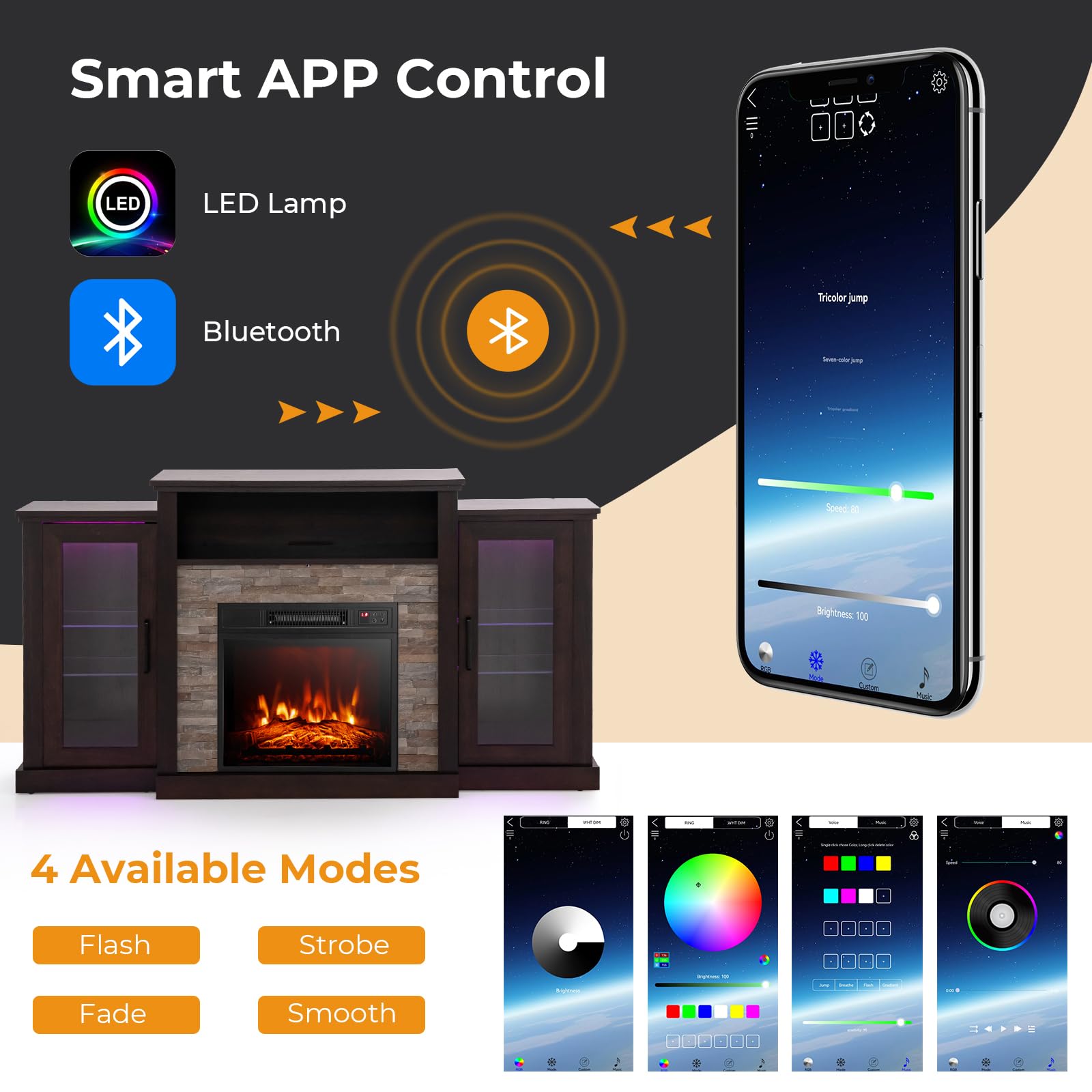 CHEFJOY Electric Fireplace TV Stand for TVs Up to 65”, Entertainment Center w/ 19” Fireplace Heater, 16-Color LED Lights, 4 Modes, APP & Remote Control, TV Console with Adjustable Shelves (Dark Brown)