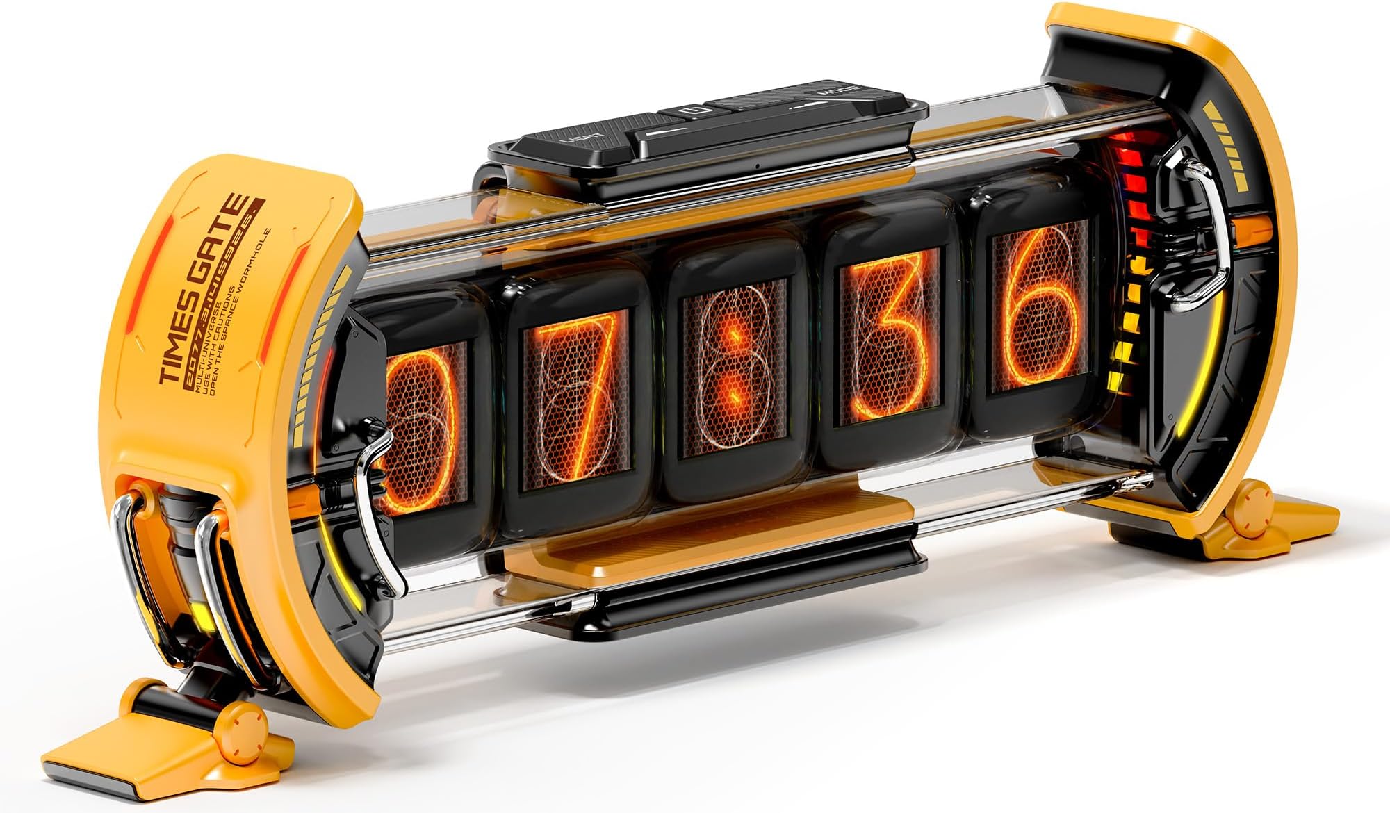 Divoom Times Gate 5-Way Digital Clock, Wi-Fi Automatic Time Sync, Near-Future, Gadget, Steampunk Style, RGB Light (5 Screens Free DIY: Supports Clock/Weather Forecast/Calendar/Pixel Works/Photos/Number of SNS Fans, etc.), Exclusive App, Tabletop, Stylish (Yellow)