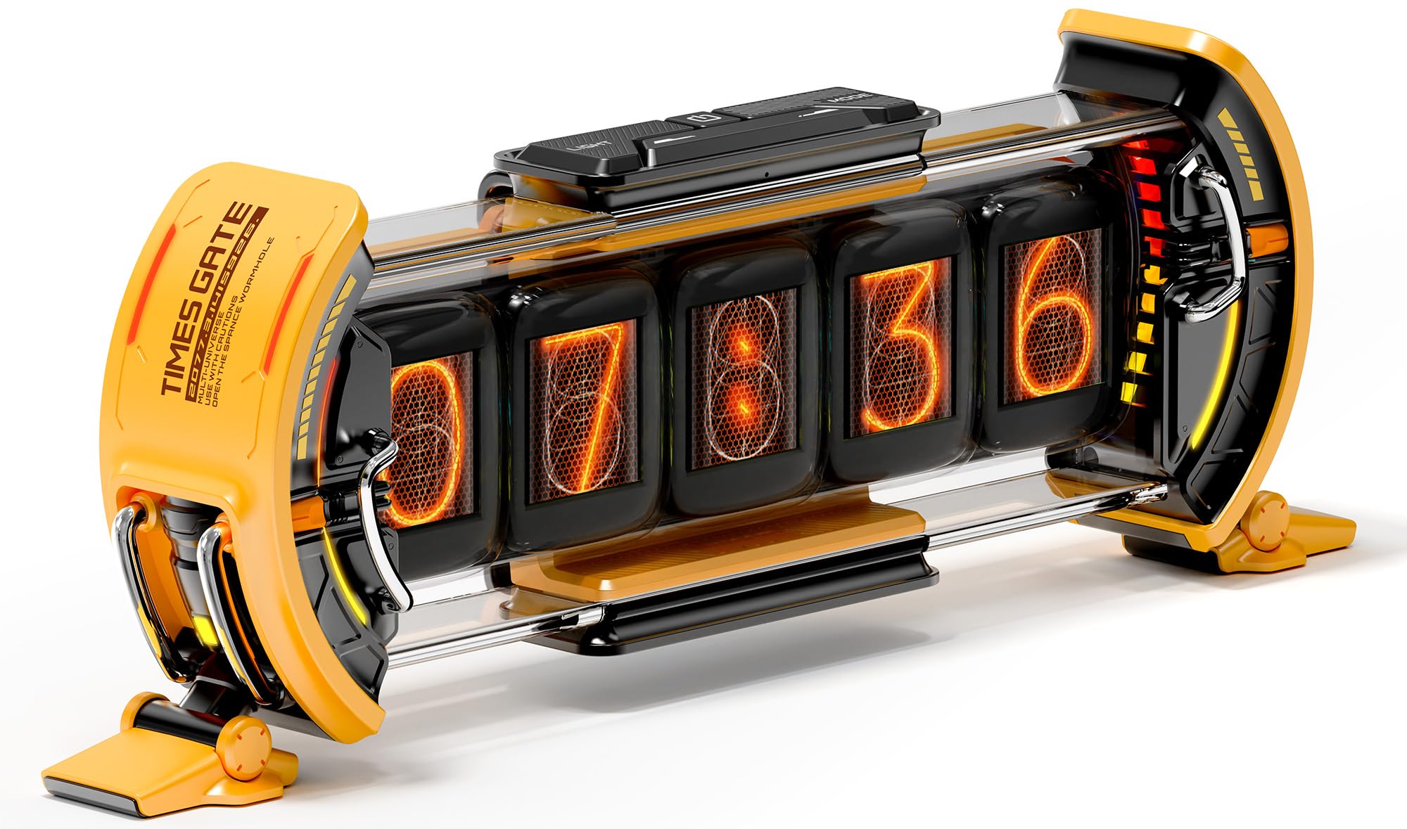 Divoom Times Gate 5-Way Digital Clock, Near-Future, Gadget, Steampunk Style, RGB Light, 5 Screens Free DIY: Supports Clocks, Weather Forecasts, Calendars, Pixel Works, Photos, Number of SNS Fans, etc. Dedicated Apps, WiFi, Tabletop, Stylish (Yellow)