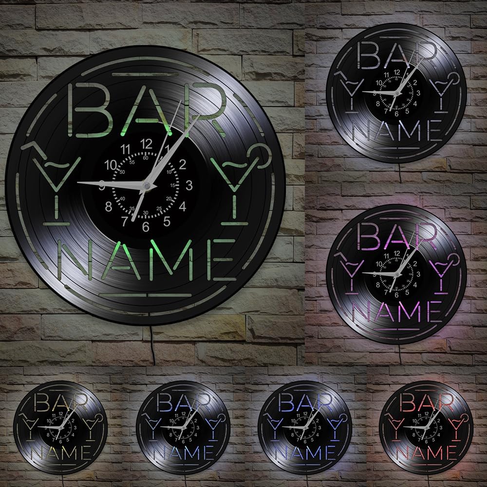 12 Inch Custom Bar Vinyl Record Wall Clock 7 Kinds of LED Color, Kitchen Wall Clock Night Light Classic Cocktails Home Bar Decor Wall Watch Clock Silent Movement for Bartender Alcohol Gift