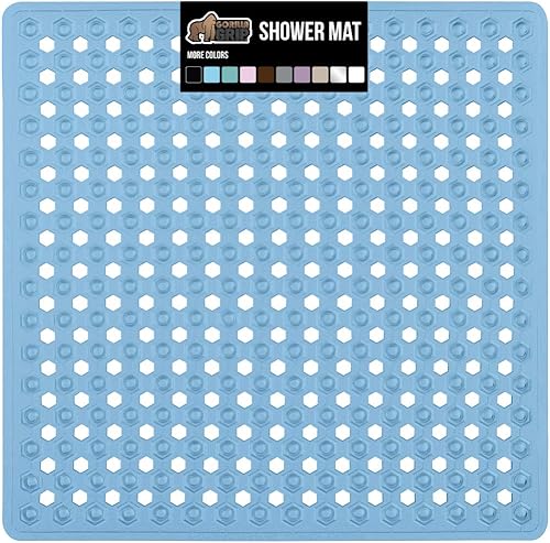 Gorilla Grip - Alfombrilla de ducha patentada, 21 x 21pulgadas, lavable, cuadrada, para ducha con agujeros de drenaje, ventosas.