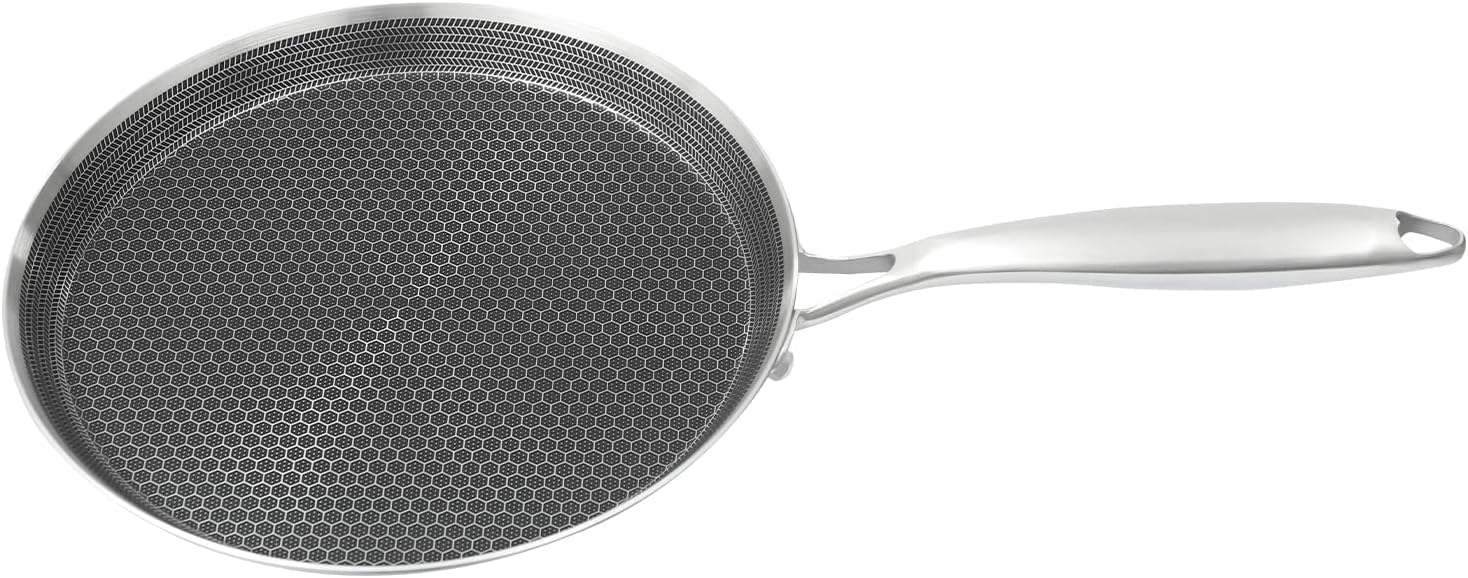 Non-stick Crepe Pan, 26cm/10.2in Stainless Steel Skillet w/ 21.8cm/8.6in Handle, Honeycomb Texture Frying Pan, Kitchen Tortilla Omelet Pizza Pancake Pot, Fast Even Heating Flat Cookware for Most Stove