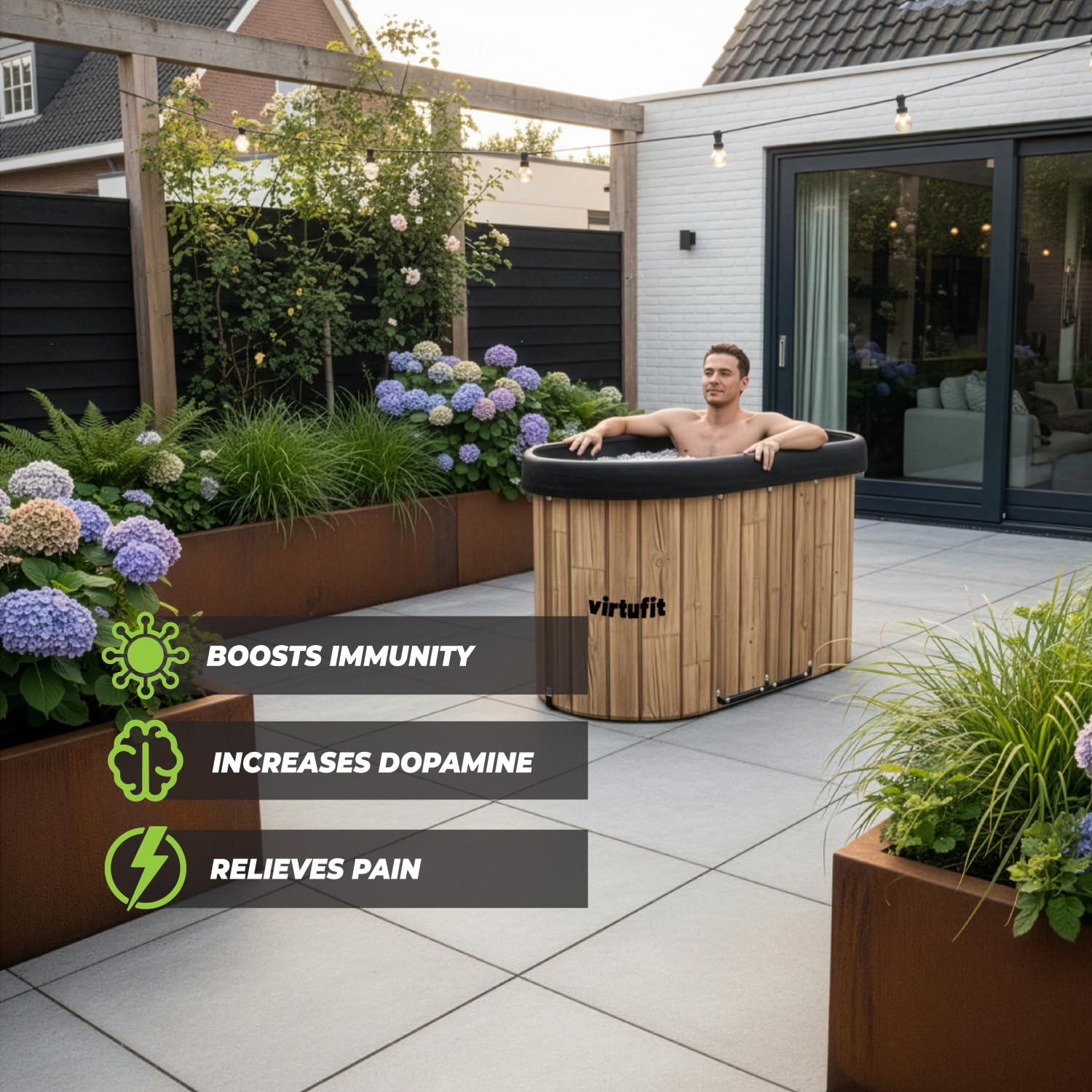 VirtuFit Eisbad Oval 500L Wood Look – Kaltwasserbecken Ice Bath für Regeneration & Muskelerholung – faltbar, 5-lagige Isolierung, inkl. Zubehör, Outdoor & Indoor