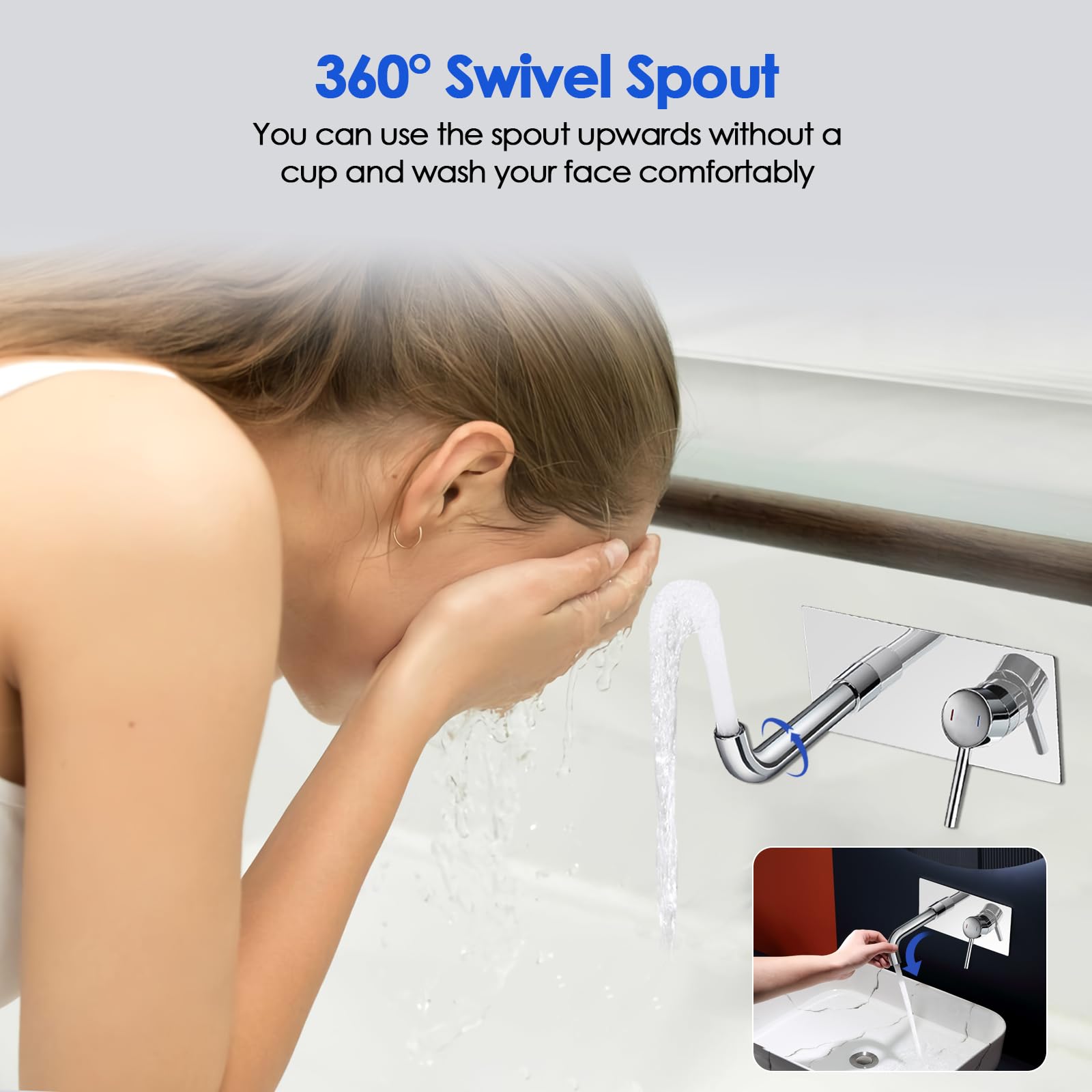 ROVOGO Wall Mounted Basin Mixer Tap with Escutcheon & Concealed Stainless Steel Body 304 for Bath or Tub 2-Hole Bathroom Basin Tap with 360° Rotatable Spout - Image 3