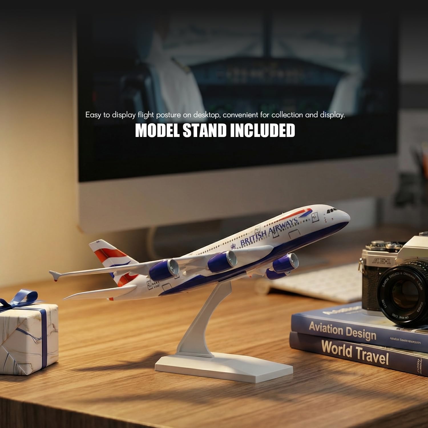 Modellino di aereo da assemblare in scala 1/280 compatibile con Airbus A380 British Airways, kit di montaggio rapido in plastica con supporto, lunghezza 25,5 cm, esposizione o come regalo
