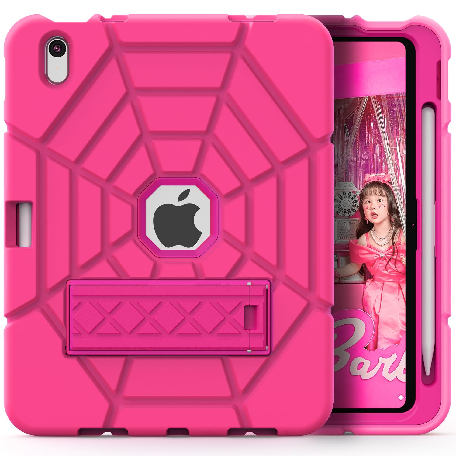 Grifobes Kids Case for iPad 11-inch (A16) 2025 / iPad 10th Generation 2022 10.9 inch, Heavy Duty Shockproof Rugged 11th / 10 Gen Cover with Pencil Holder & Stand for Girls (HotPink)