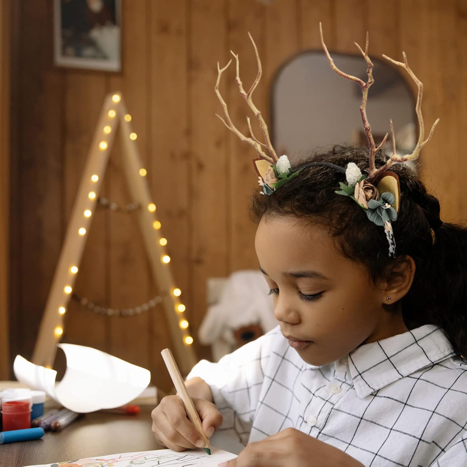 Beaupretty Antlers Headband, Christmas Antler Flower Branches with Cat Ear Headpieces Party Decorations for Women