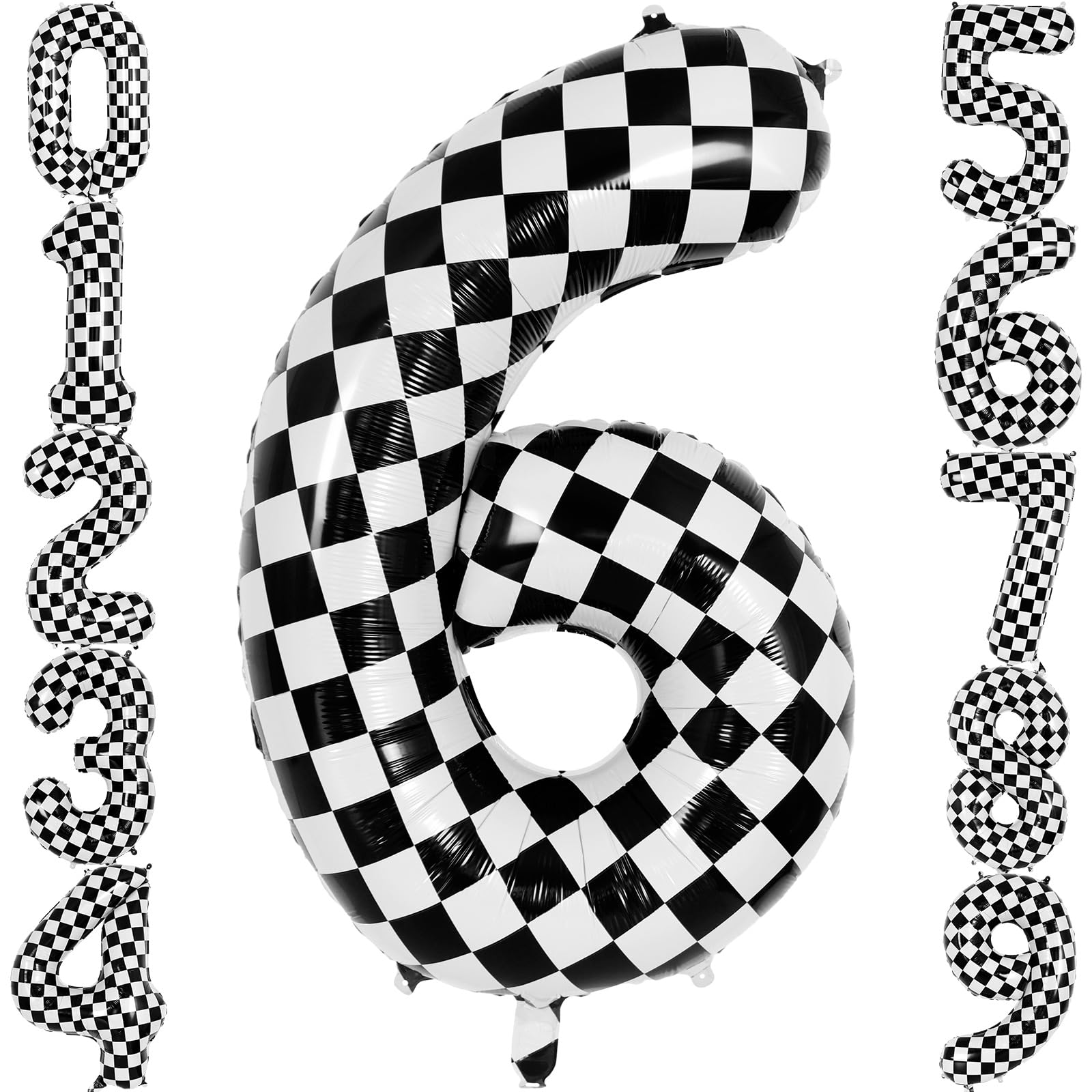 Checkered Number 6 Balloon 40 Inch, Large Foil Black and White Number Balloons, Big Mylar Number 6 Balloons for Two Fast Race Car 6 Year Old Birthday