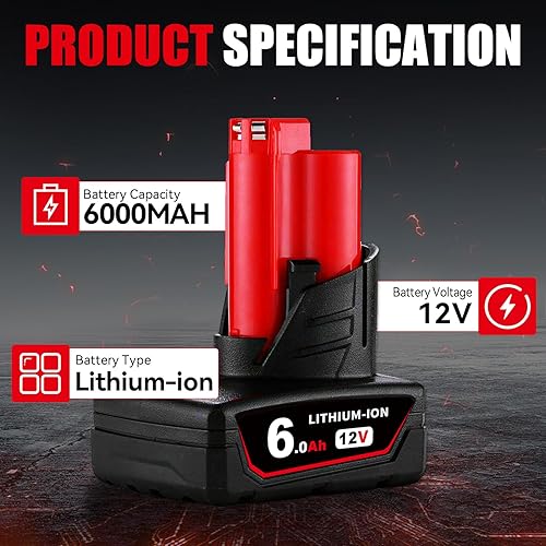 Miniatura 2 de Paquete de 2 herramientas inalámbricas de 12 V 6.0 Ah 48-11-2460 para batería Milwaukee de 12 V 48-11-2410 48-11-2420 48-11-2411 48-11-2401