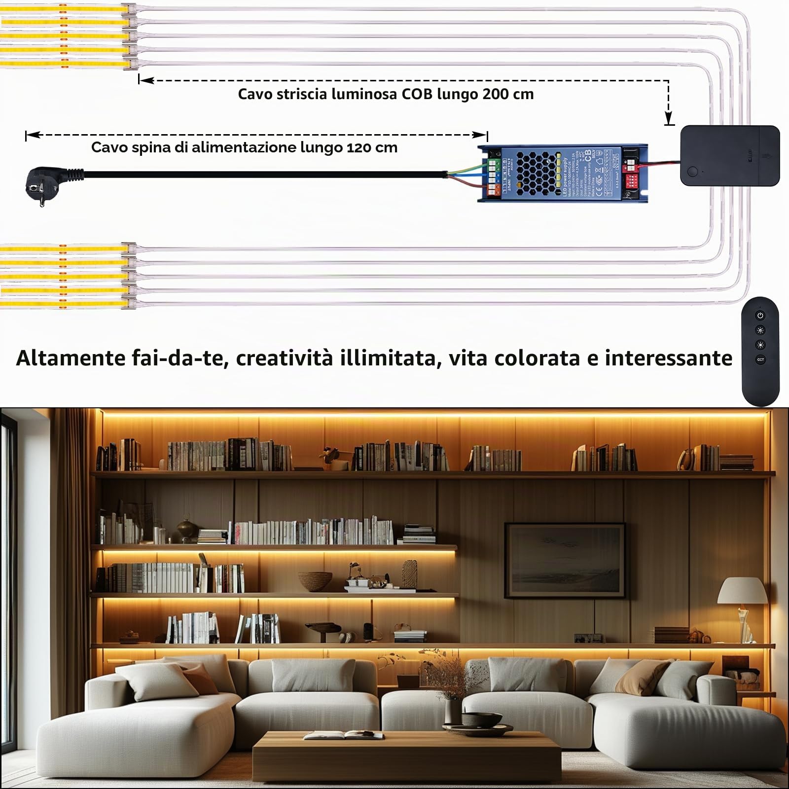 BENLUN Striscia LED COB CCT 24V 10 Metri CRI 93 con Dimmer e Alimentatore | 3000K 4000K 6000K Bianca Strisce LED Dimmerabile Adesive 10W/m per Camera da Letto, Cucina, Interno, Gaming