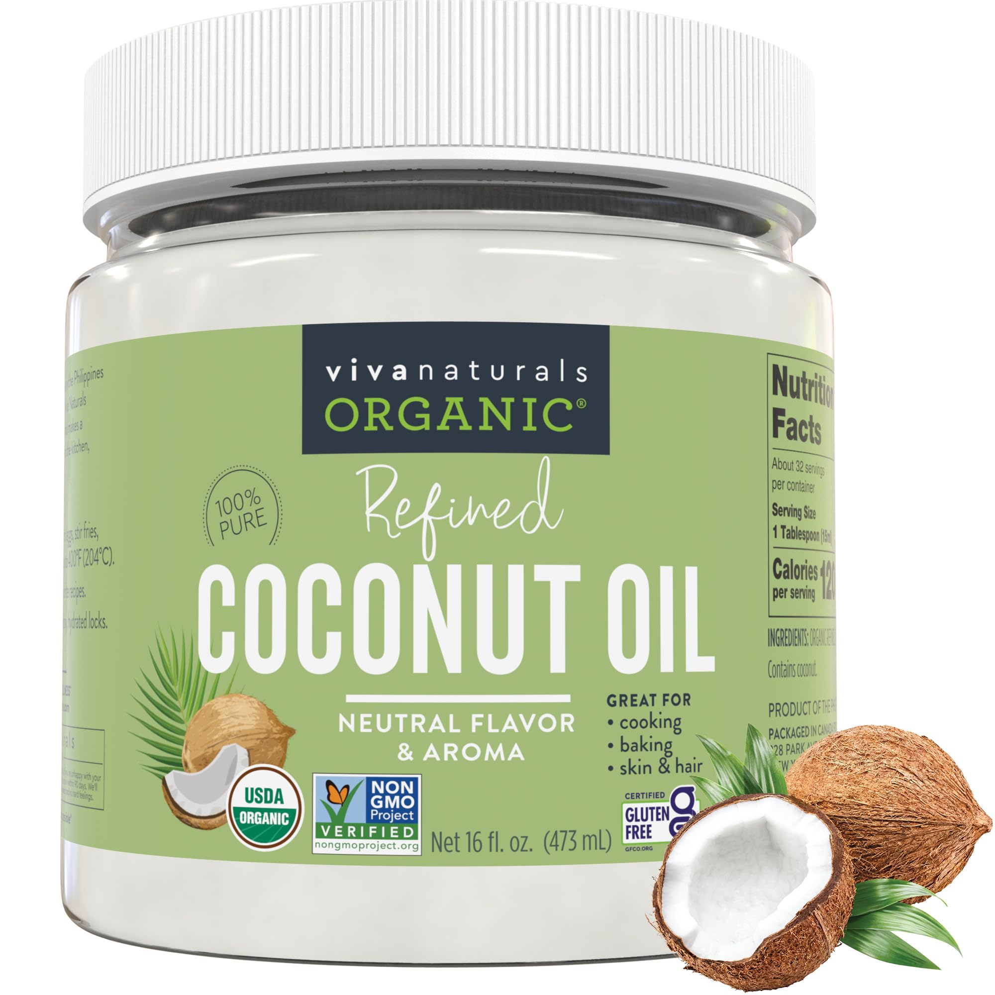 Viva Naturals Refined Coconut Oil, 16 fl oz – Expeller-Pressed, USDA Organic, Neutral Flavor & Aroma, Ideal for Cooking, Baking, Hair & Skin Moisturizer