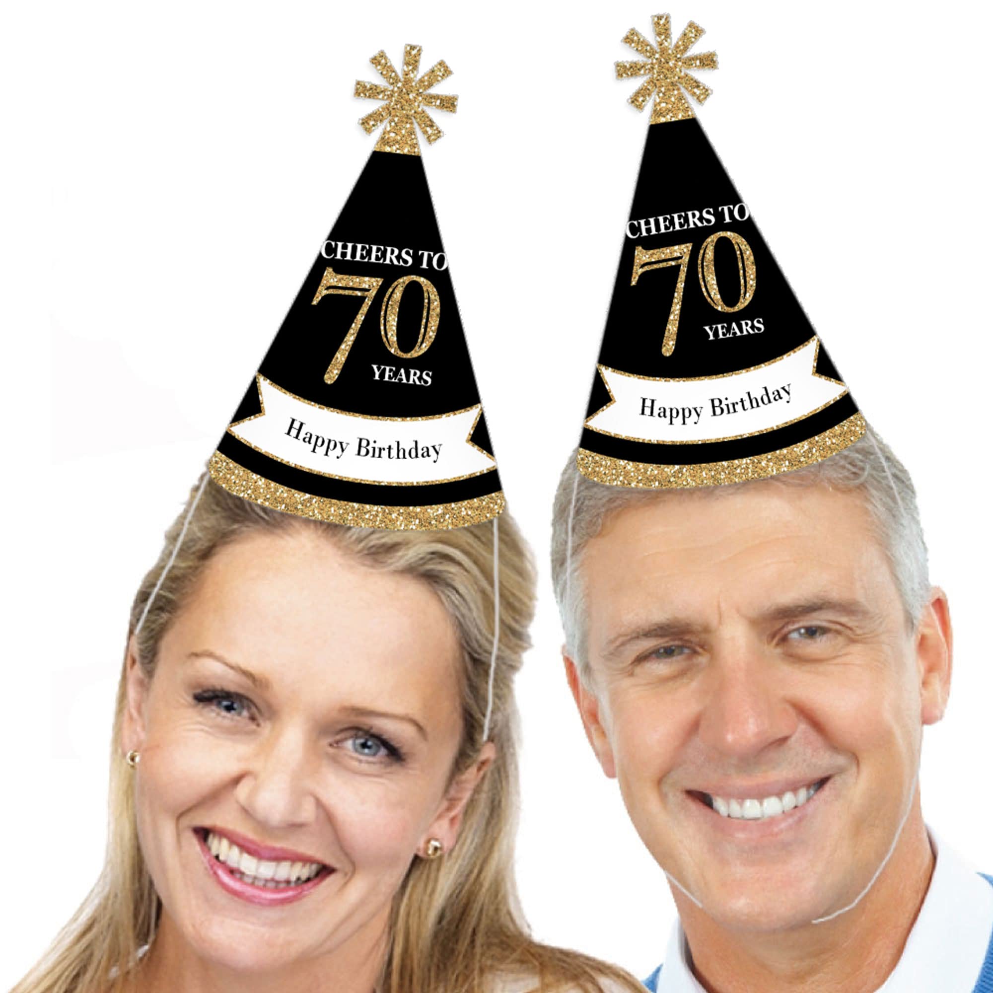 Big Dot of Happiness Adult 70th Birthday - Gold - Cone Birthday Party Hats for Adults - Set of 8 (Standard Size)