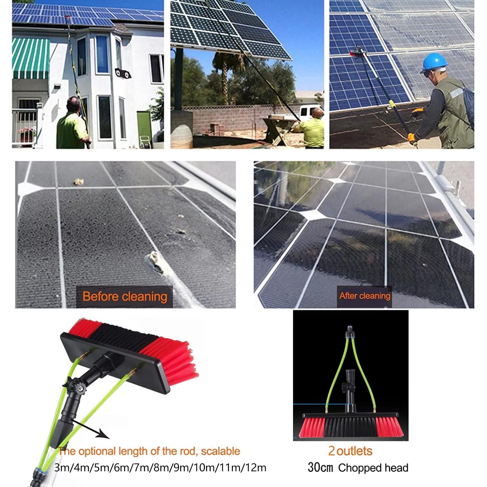 Cepillo de Limpieza para Paneles solares con Mango Exteble de 30 cm, Cabezal de Cepillo, Mango telescóo de 4 m, Limpiador de Ventanas, techos y invernaderos para pa