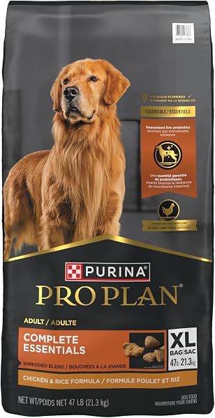 Purina Pro Plan Complete Essentials Dry Dog Food, Shredded Blend Chicken & Rice offers a dual texture and key nutrients.