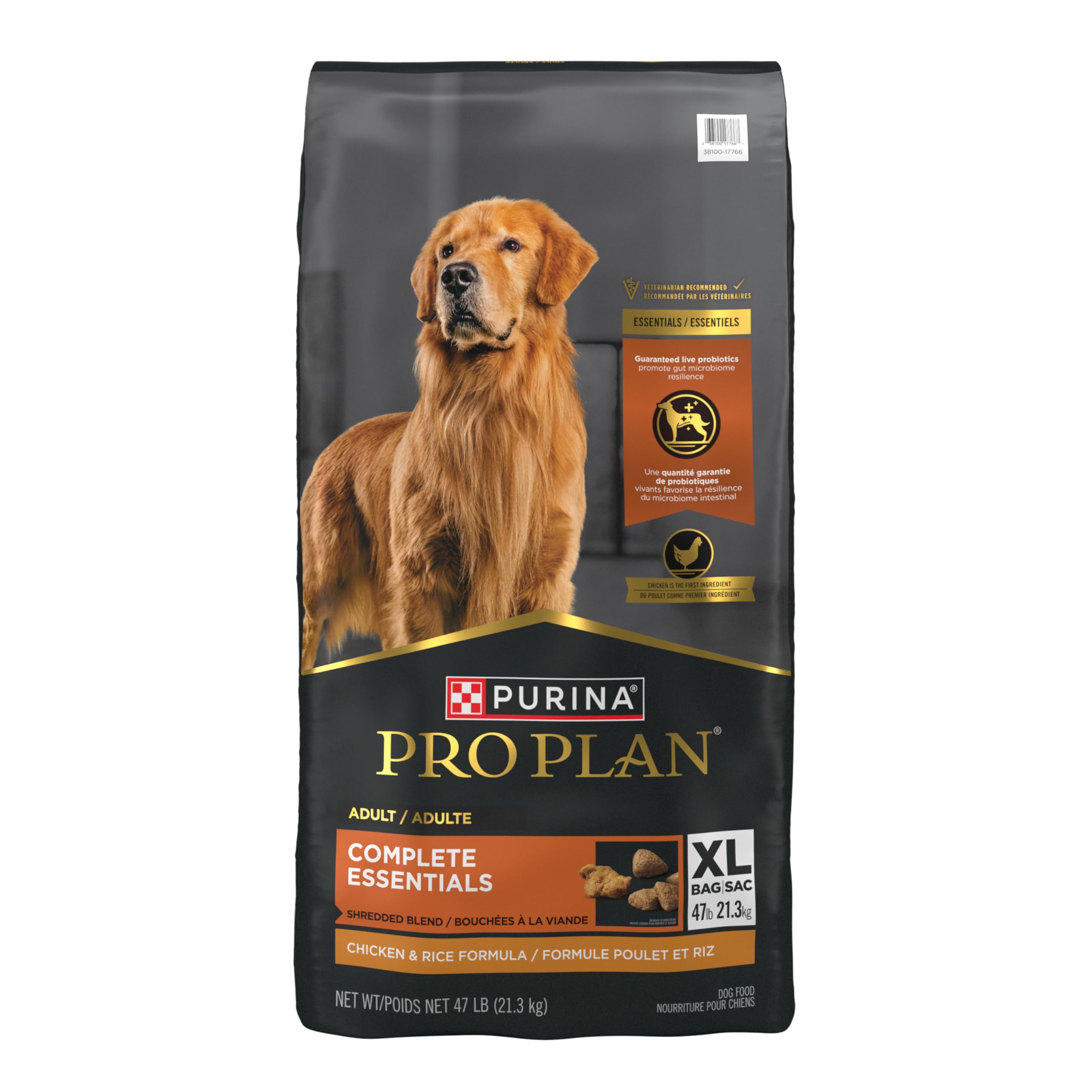 Purina Pro Plan Complete Essentials Dry Dog Food, Shredded Blend Chicken & Rice offers a dual texture and key nutrients.