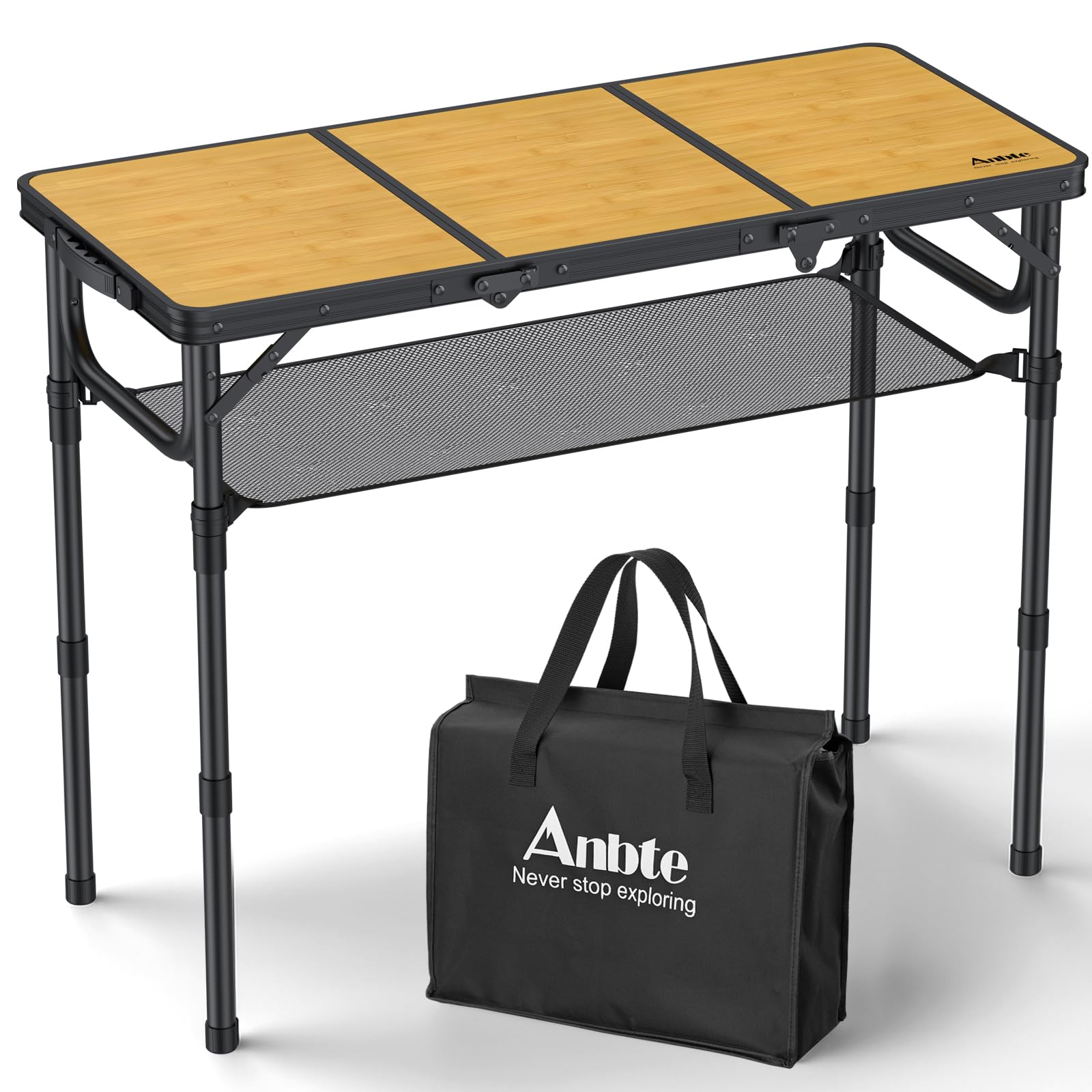 Anbte 3ft Camping Table Foldable with Storage Net and Bag, 3 Adjustable Heights High 27.5" Aluminum Camping Table, Portable, for Outdoor Indoor Backyard Bbq Cooking Party Picnic Beach, Yellow — image 1