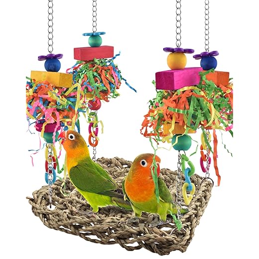 KATUMO Conure Toys, Bird Grass Swing Mat Parrot Climbing Hammock with Colorful Toys for Parakeet, Cockatiel, Sun Conure, Lovebird, Budgie, Small Birds