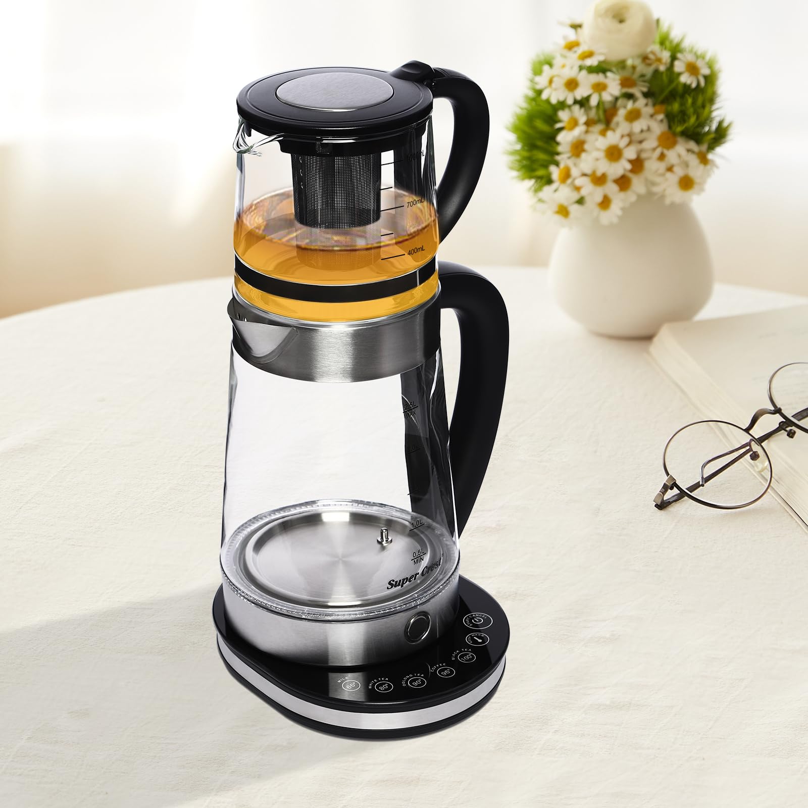 Zaparzacz do herbaty, 1500 W, 2 w 1, z filtrem wapiennym, zaparzacz do herbaty ze szkła i stali nierdzewnej, turecki dzbanek do herbaty, tradycyjna turecka herbata, czajnik do kawy i herbaty