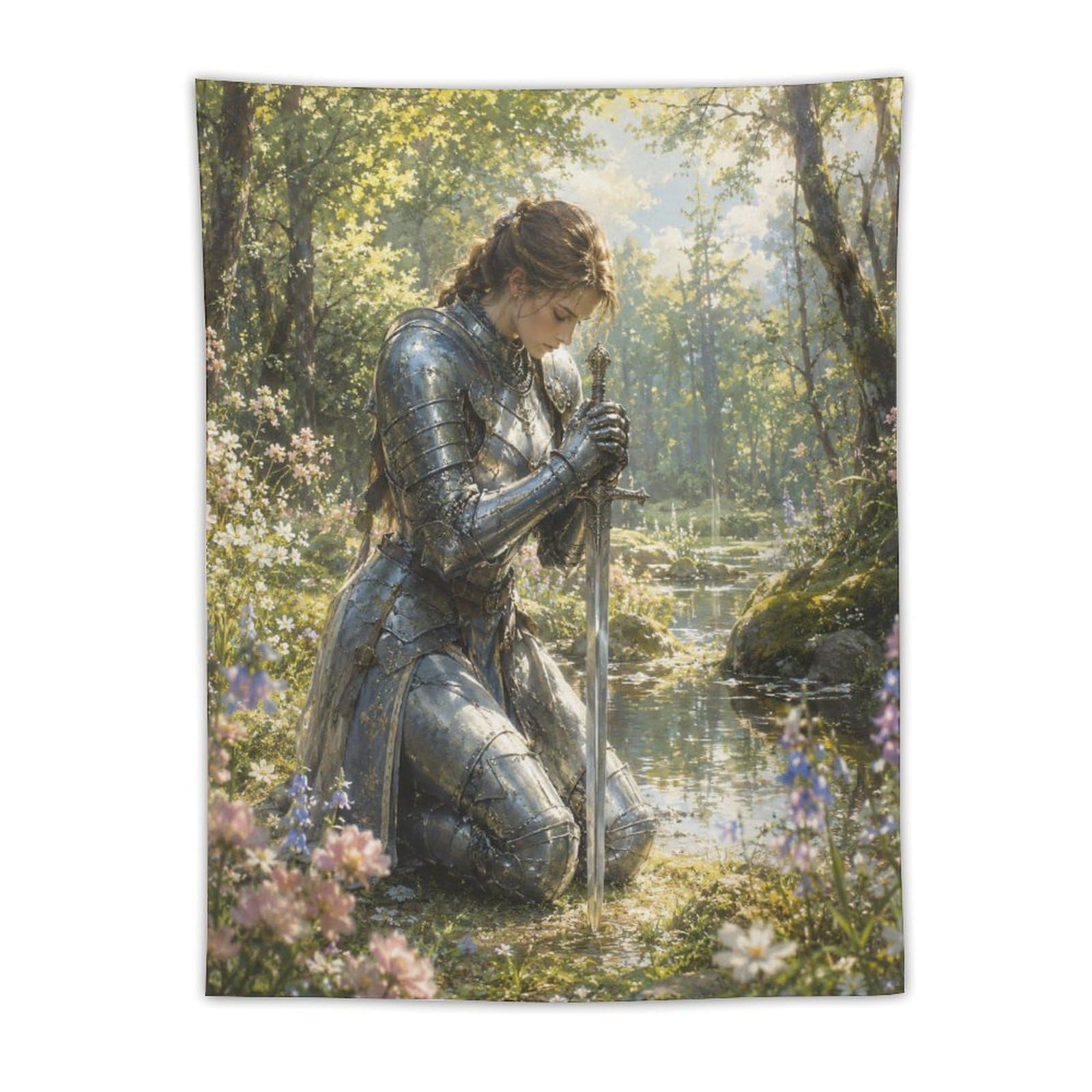 H3B8U2Y5 Medieval Female Knight Floral Wall Tapestry, Backdrop