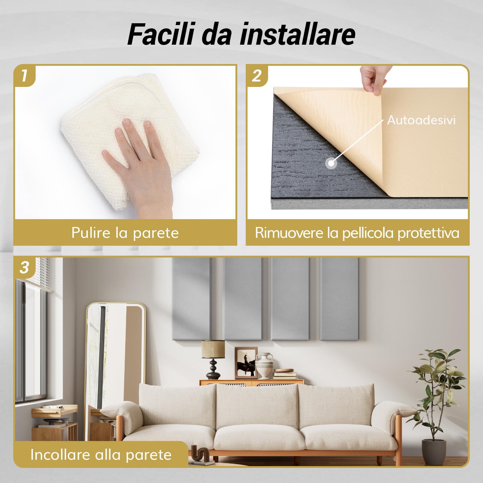TONOR 4 PCS Grandi Pannelli Fonoassorbenti, 90x30x6 cm Pannello Acustica 3D in Fibra di Vetro con Autoadesivo, Pannello Decorativo per pareti che Assorbe L'eco, per Studio/Soggiorno/Casa, Grigio