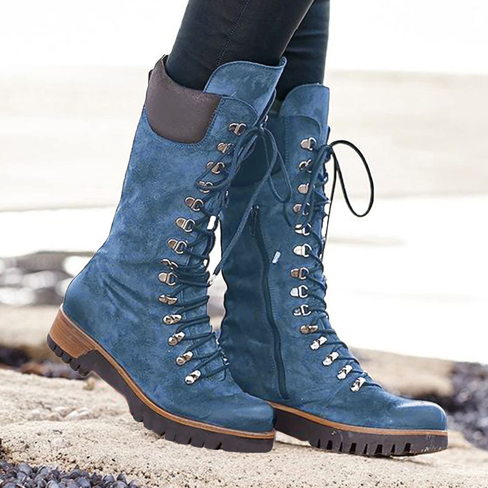 Generisch Stivali stringati da donna con punta rotonda che mantengono al caldo, stivali da cowboy medi per scarpe da donna