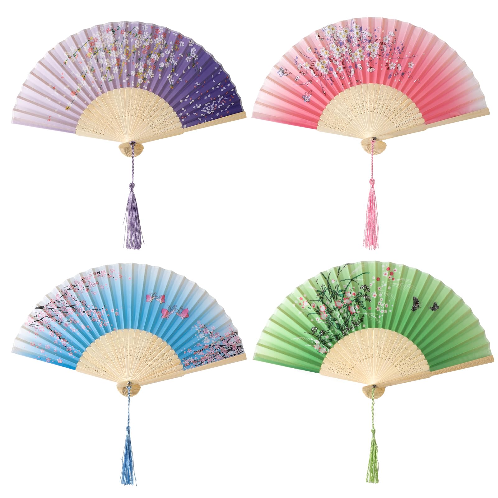 saerryor 4 Pack Hand Folding Fans,Hand Held Chinese Fan,Silk Fabric Golden Embroidered Edge Folding Fans,Folding Hand Fan for Wedding,Gifts,Performance,Dancing,Home Decoration(Purple+Pink+Green+Blue)