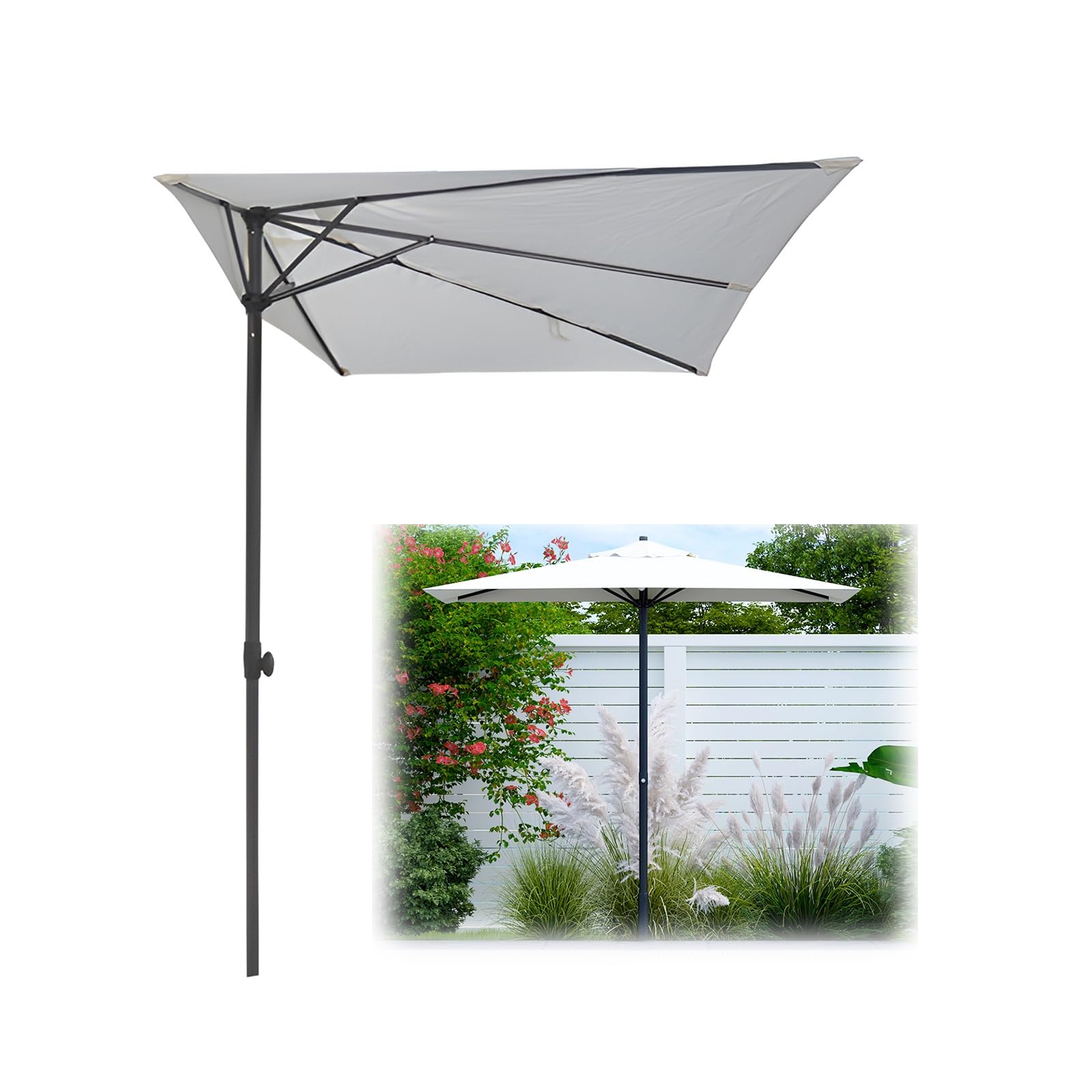 HAOKKV 8.2ft *4.3ft Garden Parasol, Half Rectangle Balcony Umbrella Adjustable Height, For Small Spaces, Against A Wall, Porch, Window(White)