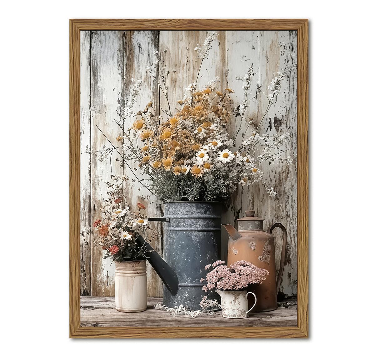 Wood Framed Farmhouse Vintage Canvas Wall Art, Rustic Floral Daisy Pictures Wall Decor Paintings, Country Flower Artwork Poster Prints for Living Room