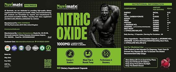 1000Mg Nitric Oxide Booster - 60 High Strength Tablets with L-Arginine, L-Citrulline, Beetroot and Vitamin C - Blood Flow, Energy, Performance Supplement for Gym, Powerlifting, and Bodybuilding