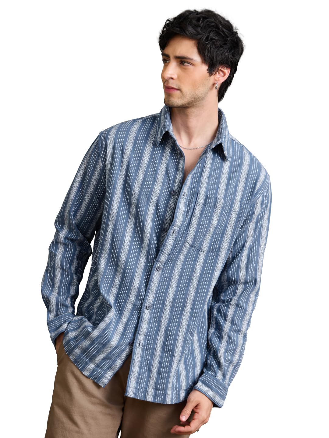 the souled store Striped Shirt: Lagoon Men and Boys Long Sleeve Spread Collar Blue Textured Cotton Lightweight Easy to Style Everyday Office Wear Casual Relaxed Shirt-picture-42