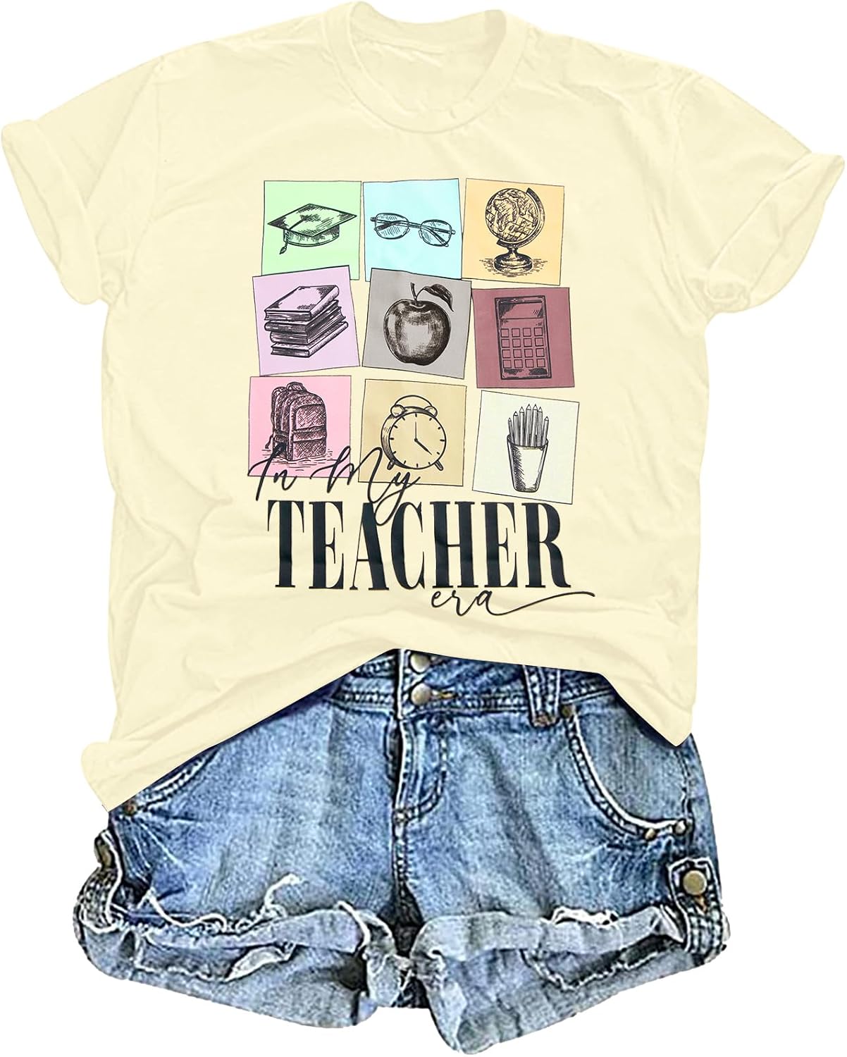 Teacher Shirts for Women in My Teacher Era Shirt Kindergarten Teacher Graphic Tee Casual Teaching Life Shirts Apricot