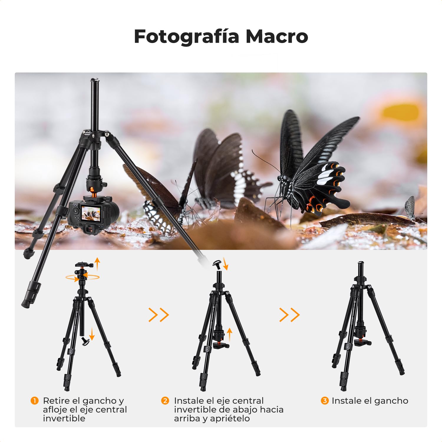 K&F CONCEPT O234A1+BH-36 Tripode Camara con Brazo Extensible 195CM, Trípode Viaje Cámara con Soporte de Teléfono, Trípode Ligero en Aluminio