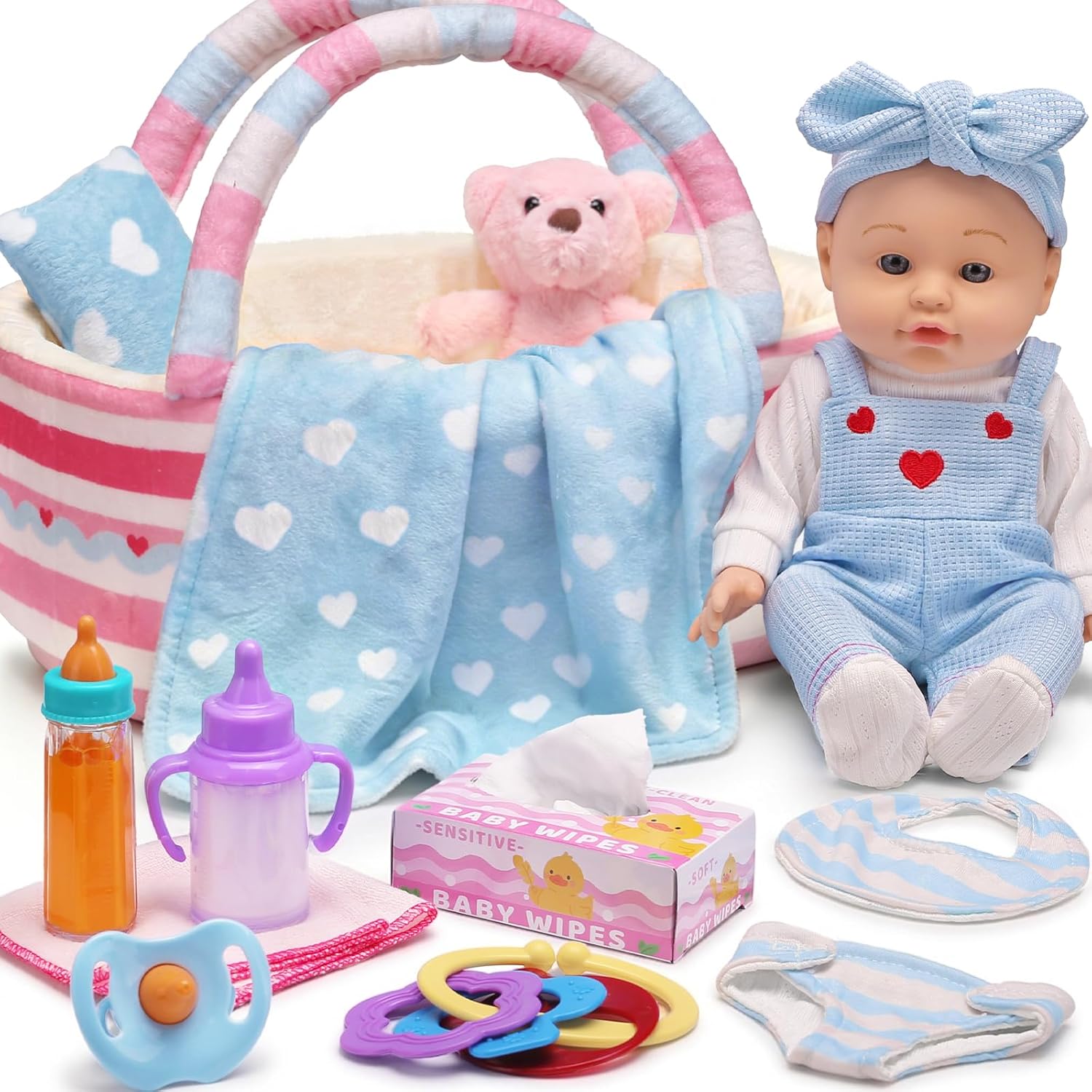 Uzoxlsn 12’’ Baby Doll with Cotton Carrier Bassinet, 15 Pcs Baby Doll Accessories Bedding, Feeding and Caring Set Magic Bottle Pacifier Diaper Blanket Pretend Play Game Gift for Girls Age 3+ Toddler